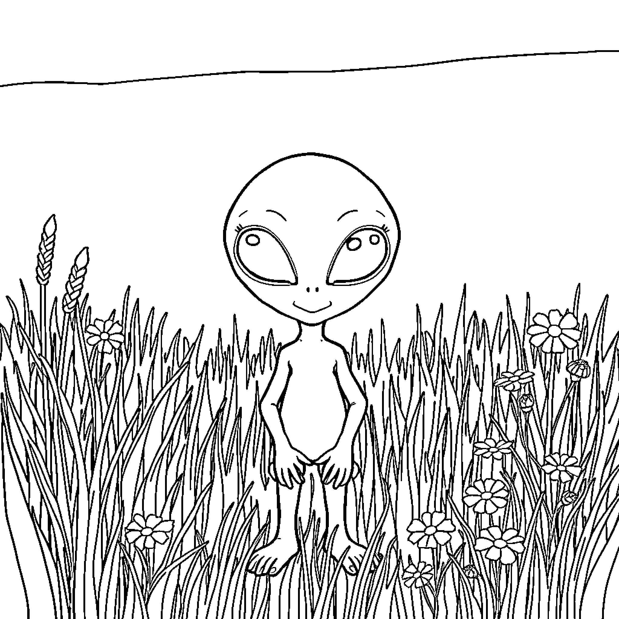 Alien exploring a meadow of flowers Coloring Page (free black-and-white line drawing printable PDF for all, from beginners to advanced learners, including children, teens, adults, and seniors)