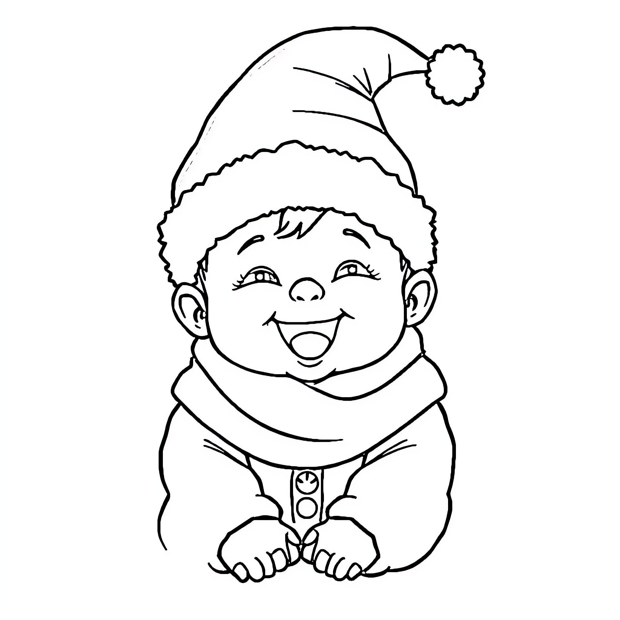 Baby wearing winter clothing and smiling Coloring Page (free black-and-white line drawing printable PDF for all, from beginners to advanced learners, including children, teens, adults, and seniors)
