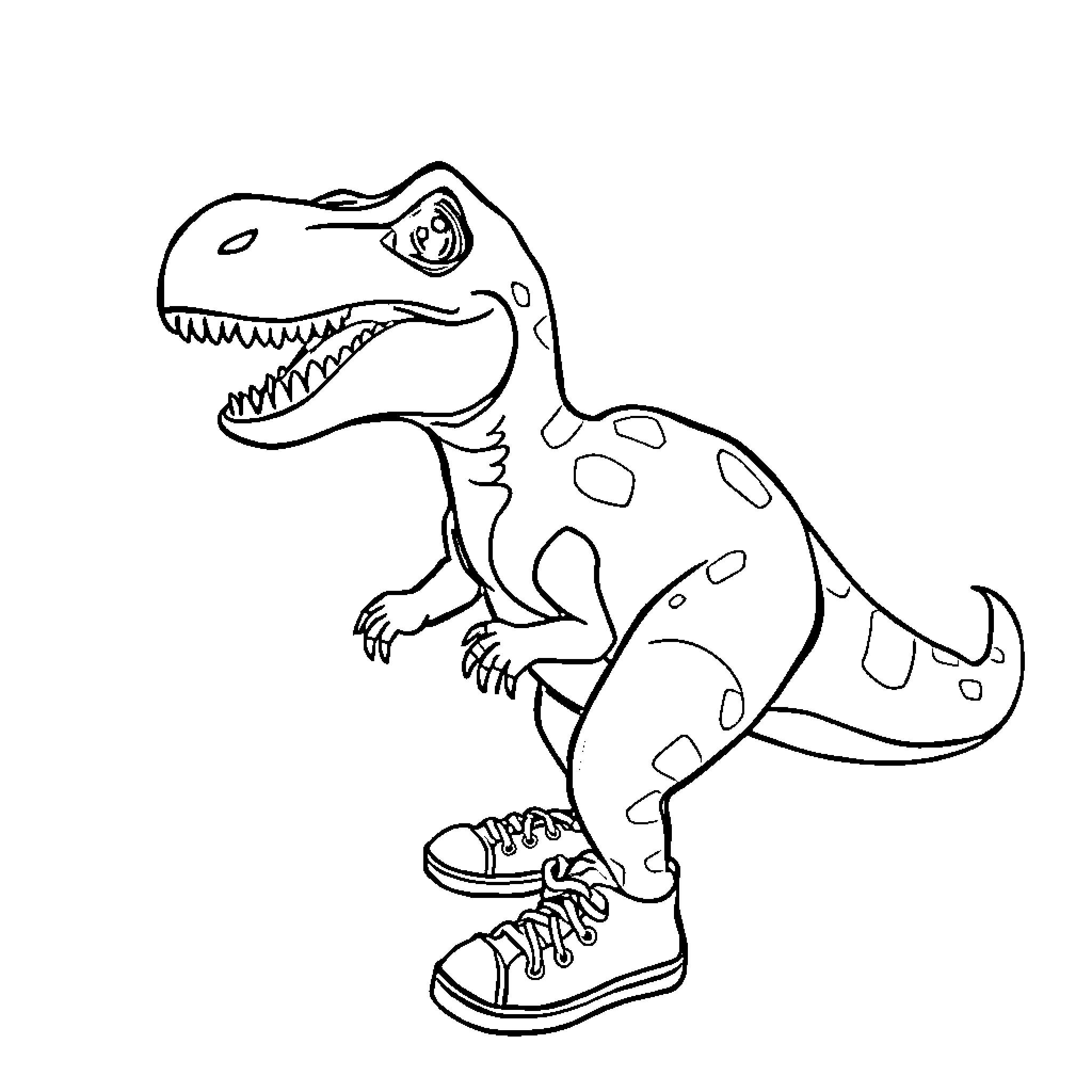 Dino roaring and wearing sneakers Coloring Page (free black-and-white line drawing printable PDF for all, from beginners to advanced learners, including children, teens, adults, and seniors)