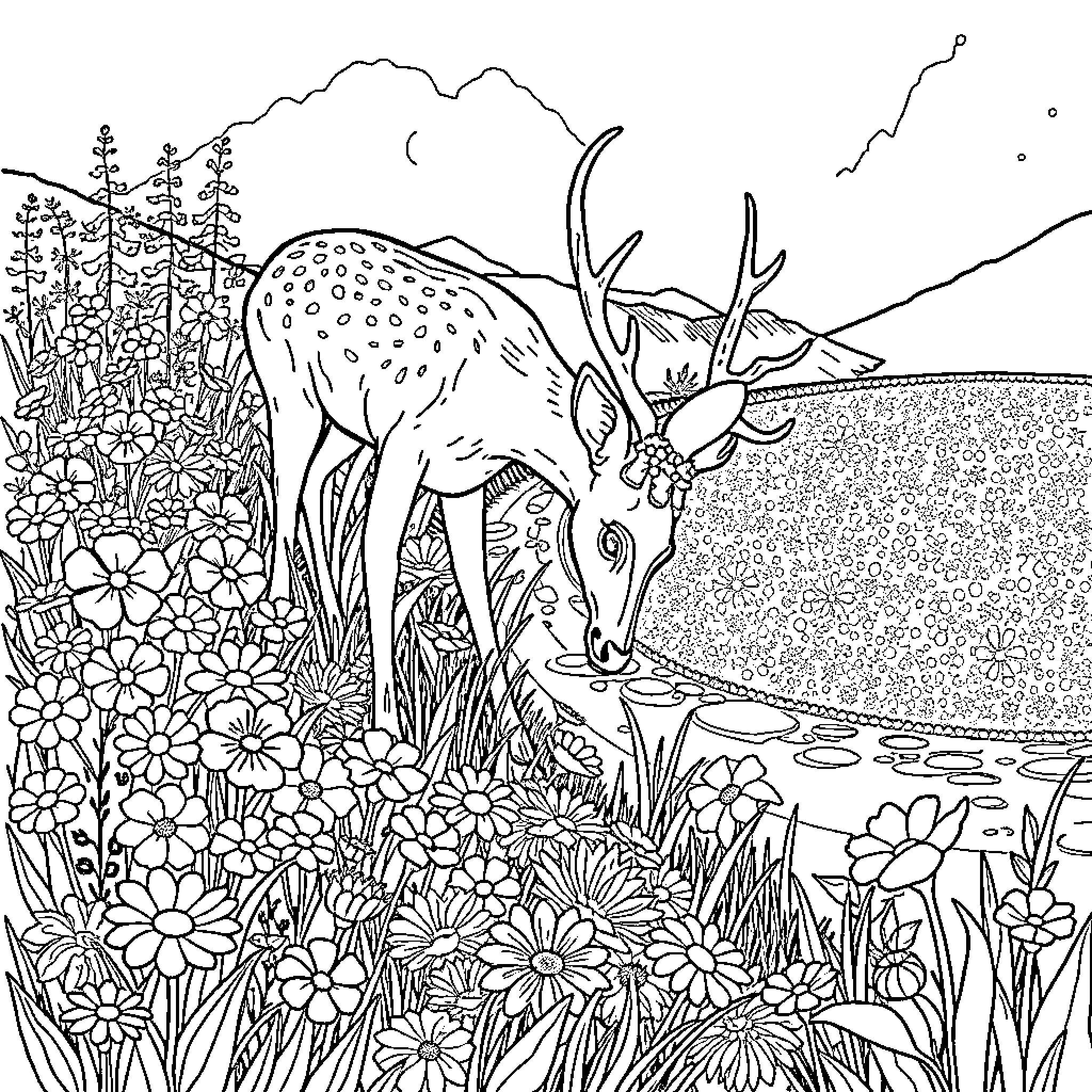 Deer standing in a field of colorful flowers Coloring Page (free black-and-white line drawing printable PDF for all, from beginners to advanced learners, including children, teens, adults, and seniors)
