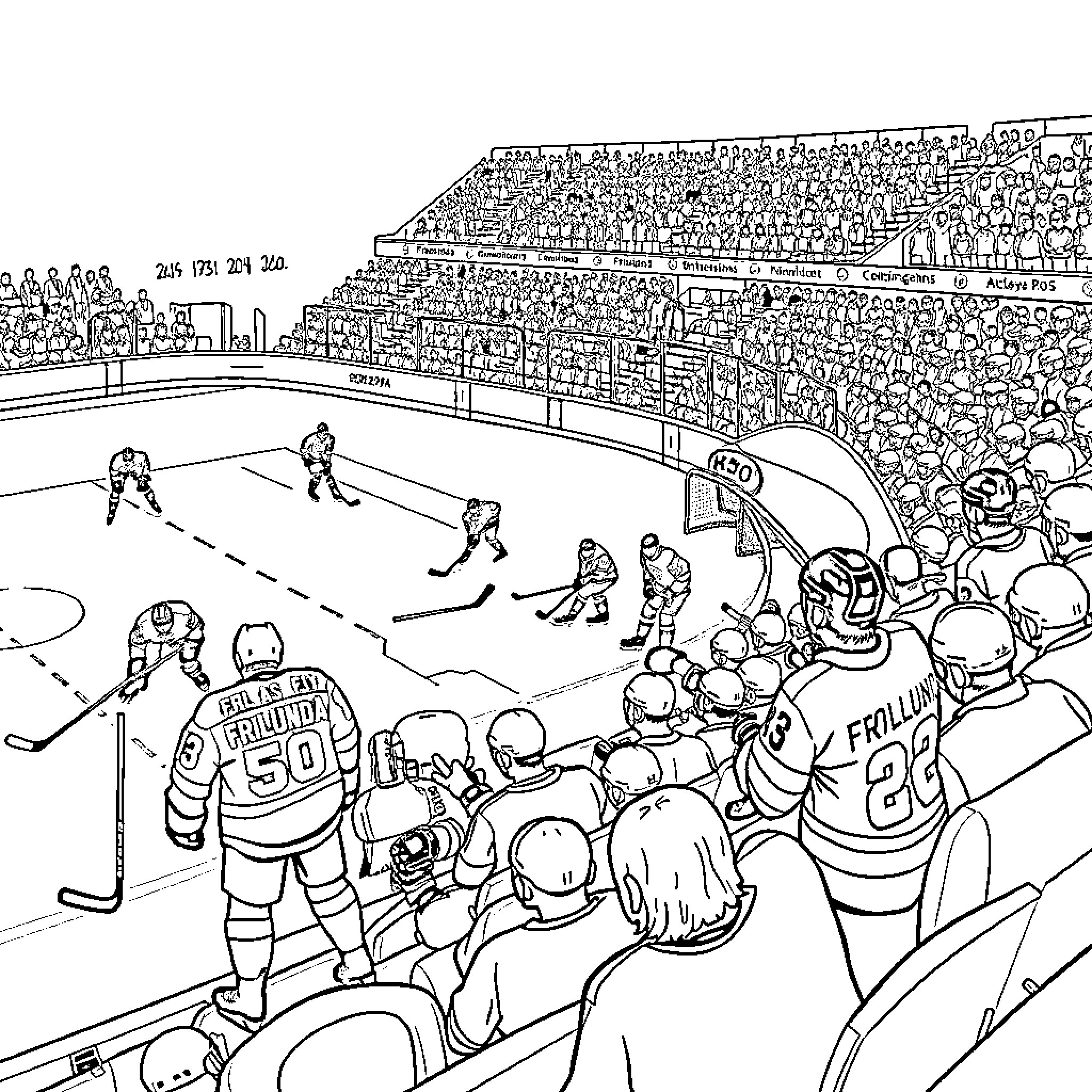 Hockey Game in a Lively Stadium with Fans Coloring Page (free black-and-white line drawing printable PDF for all, from beginners to advanced learners, including children, teens, adults, and seniors)