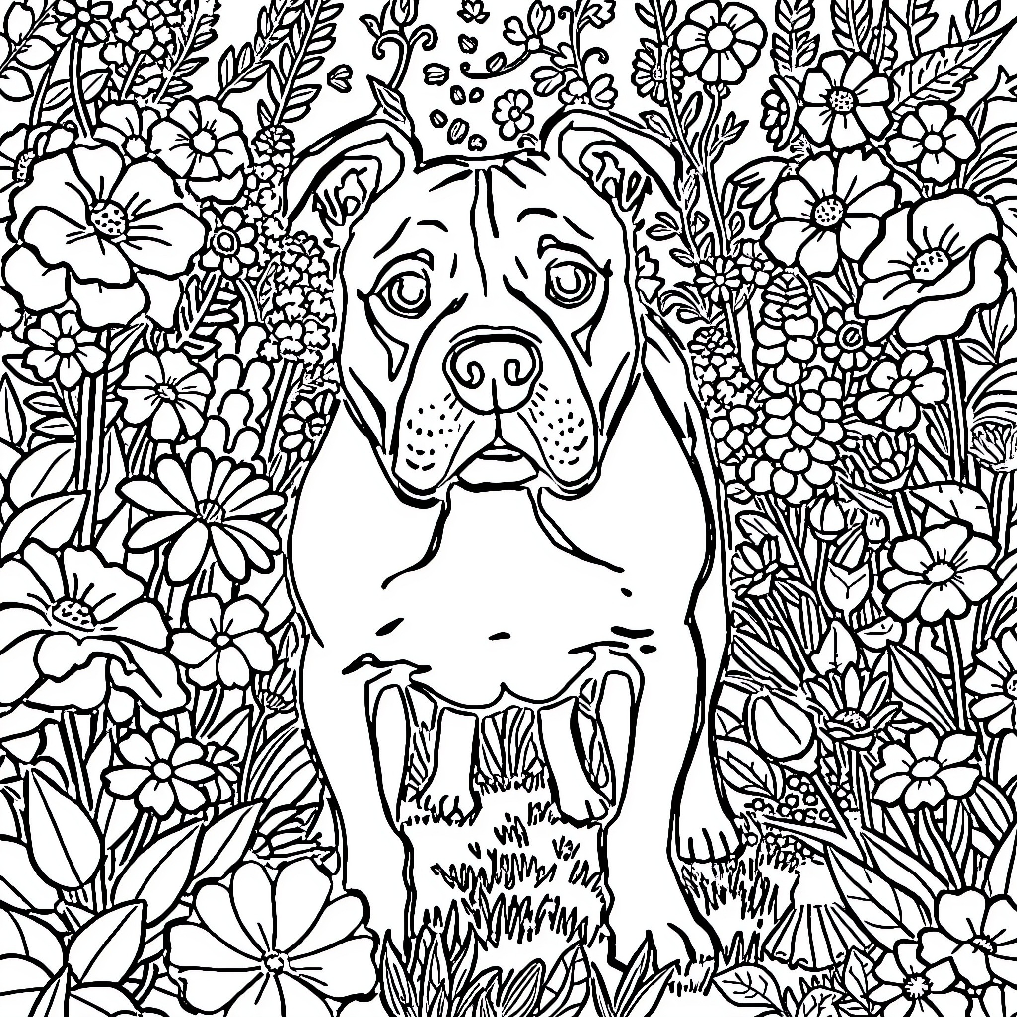 Pitbull surrounded by vibrant floral arrangement Coloring Page (free black-and-white line drawing printable PDF for all, from beginners to advanced learners, including children, teens, adults, and seniors)