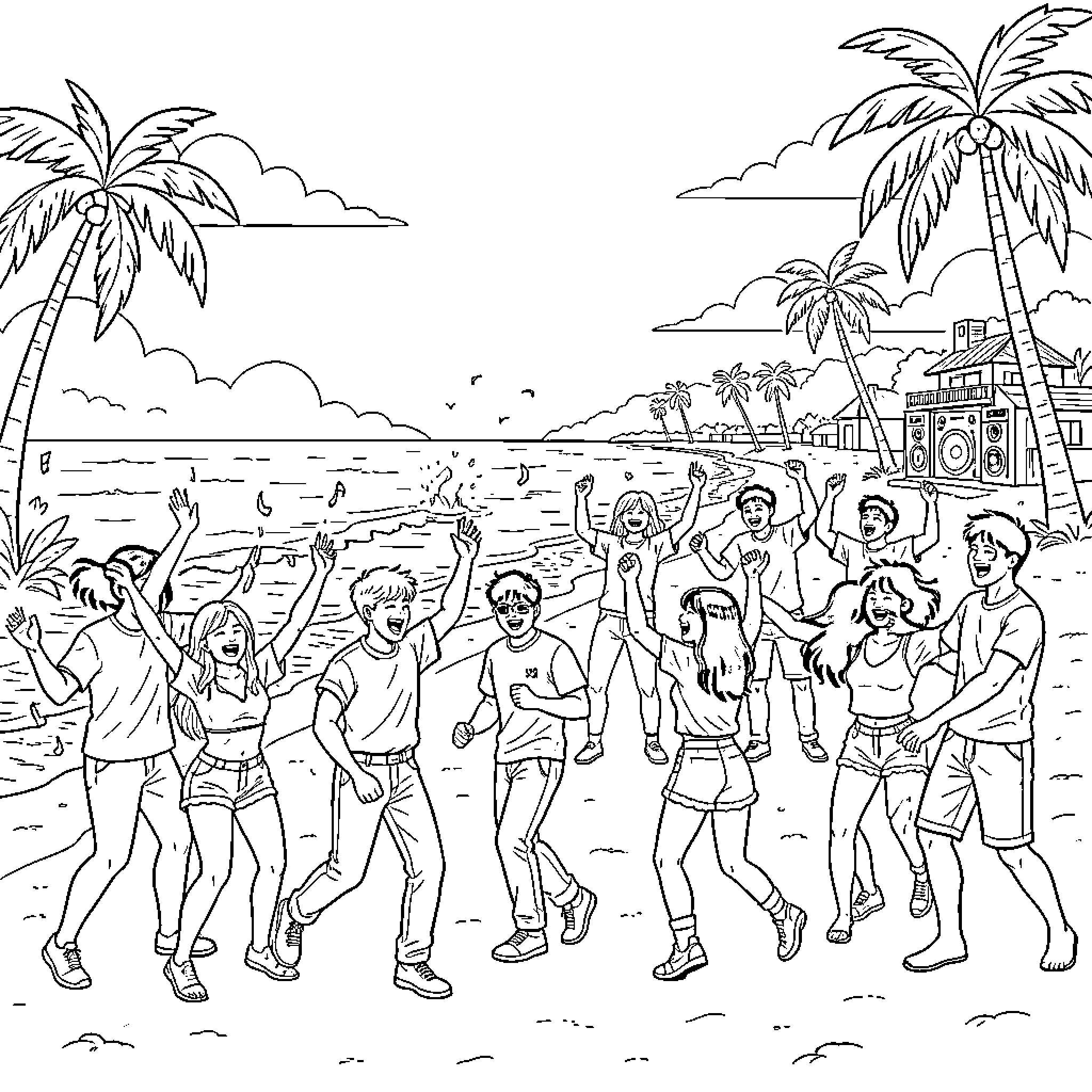 K Pop idols dancing joyfully on a tropical beach Coloring Page (free black-and-white line drawing printable PDF for all, from beginners to advanced learners, including children, teens, adults, and seniors)