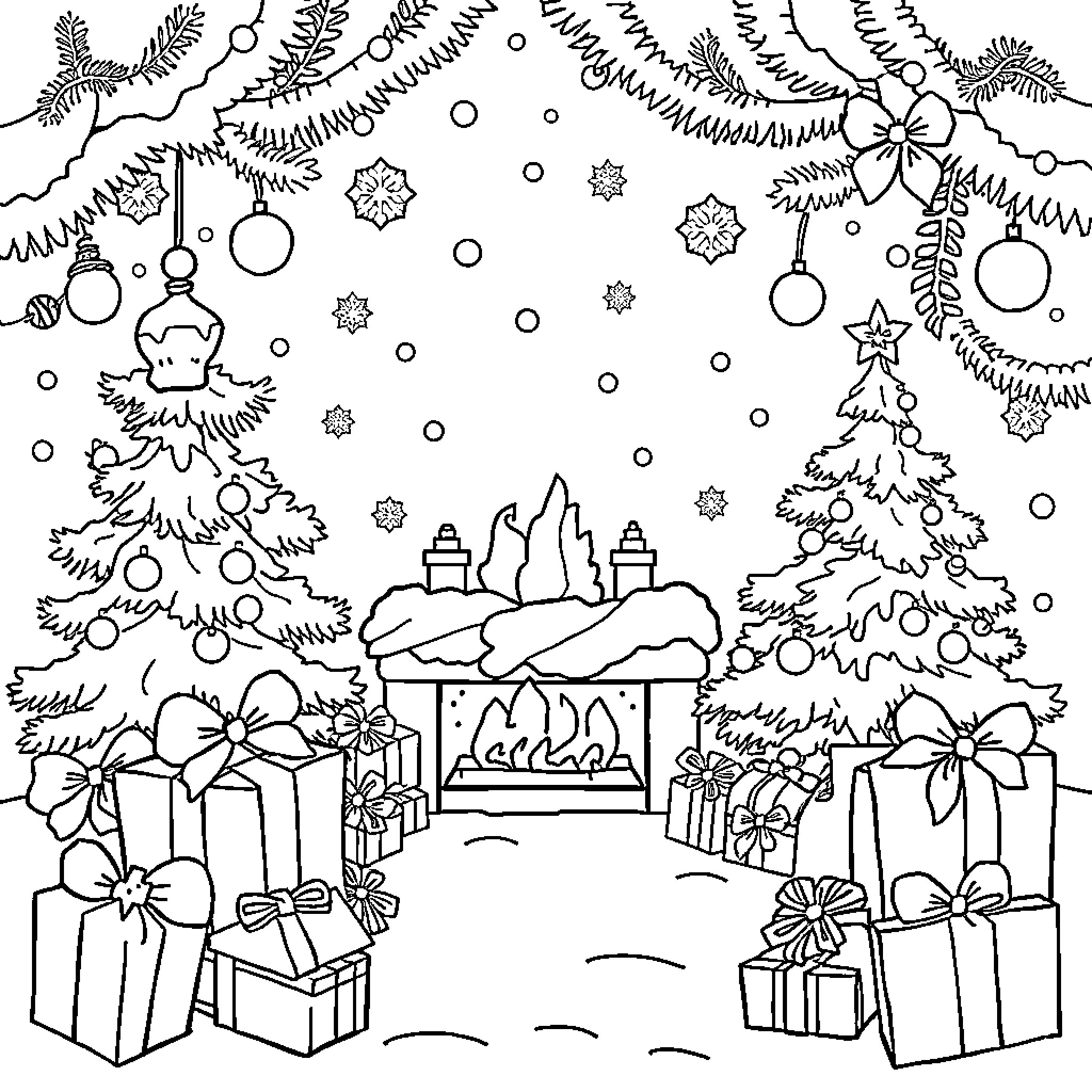 Christmas Wonderland with Festive Decor and Presents Coloring Page (free black-and-white line drawing printable PDF for all, from beginners to advanced learners, including children, teens, adults, and seniors)