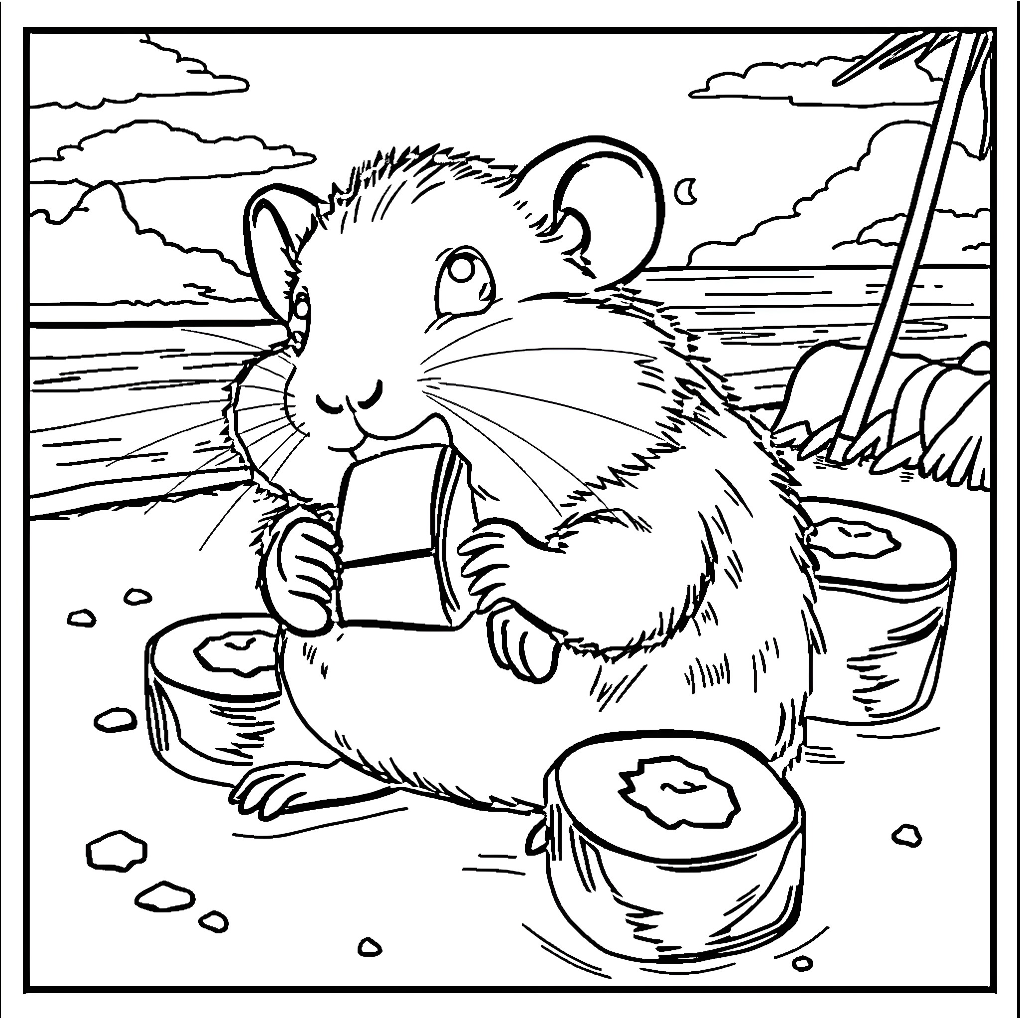 Hamster enjoying a picnic by the lake Coloring Page (free black-and-white line drawing printable PDF for all, from beginners to advanced learners, including children, teens, adults, and seniors)