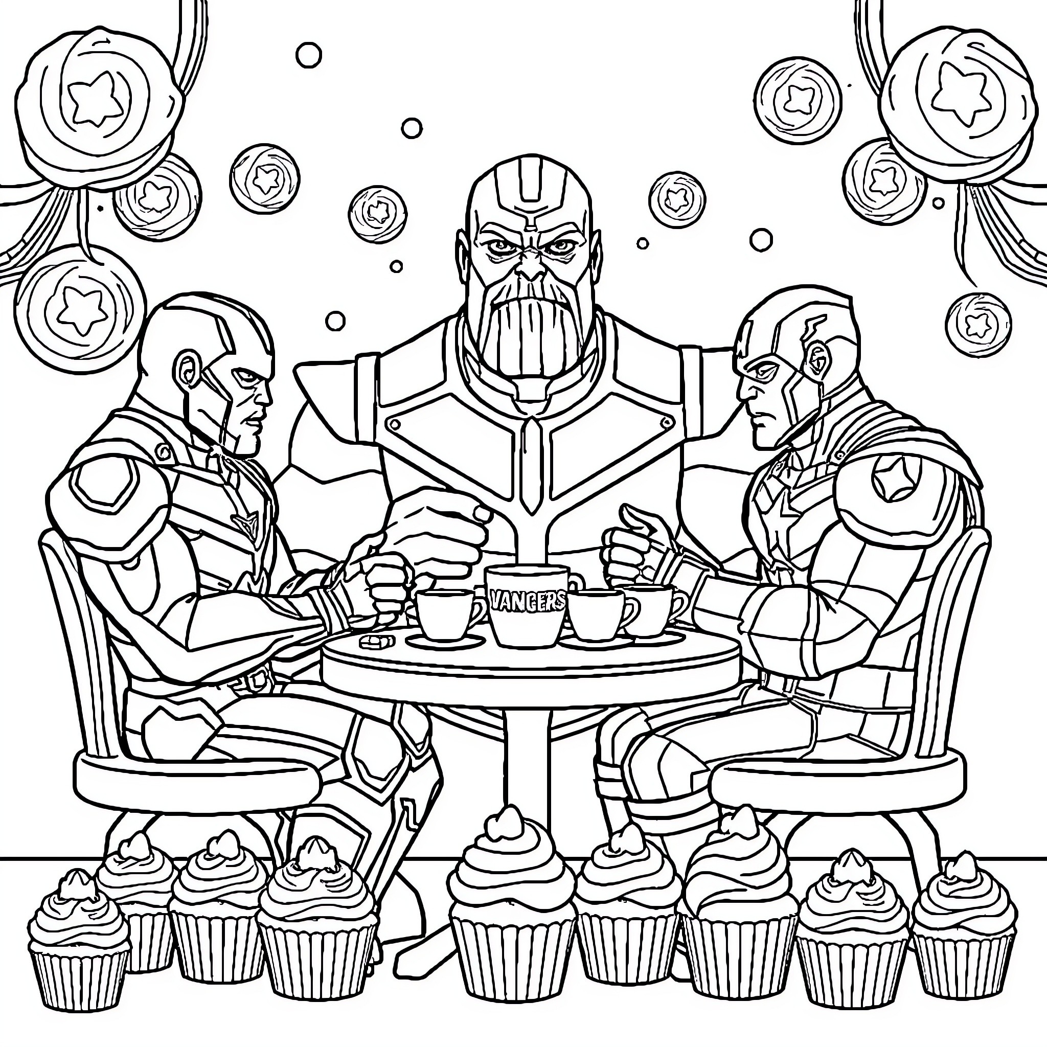 Thanos enjoying a cupcake party with his henchmen Coloring Page (free black-and-white line drawing printable PDF for all, from beginners to advanced learners, including children, teens, adults, and seniors)