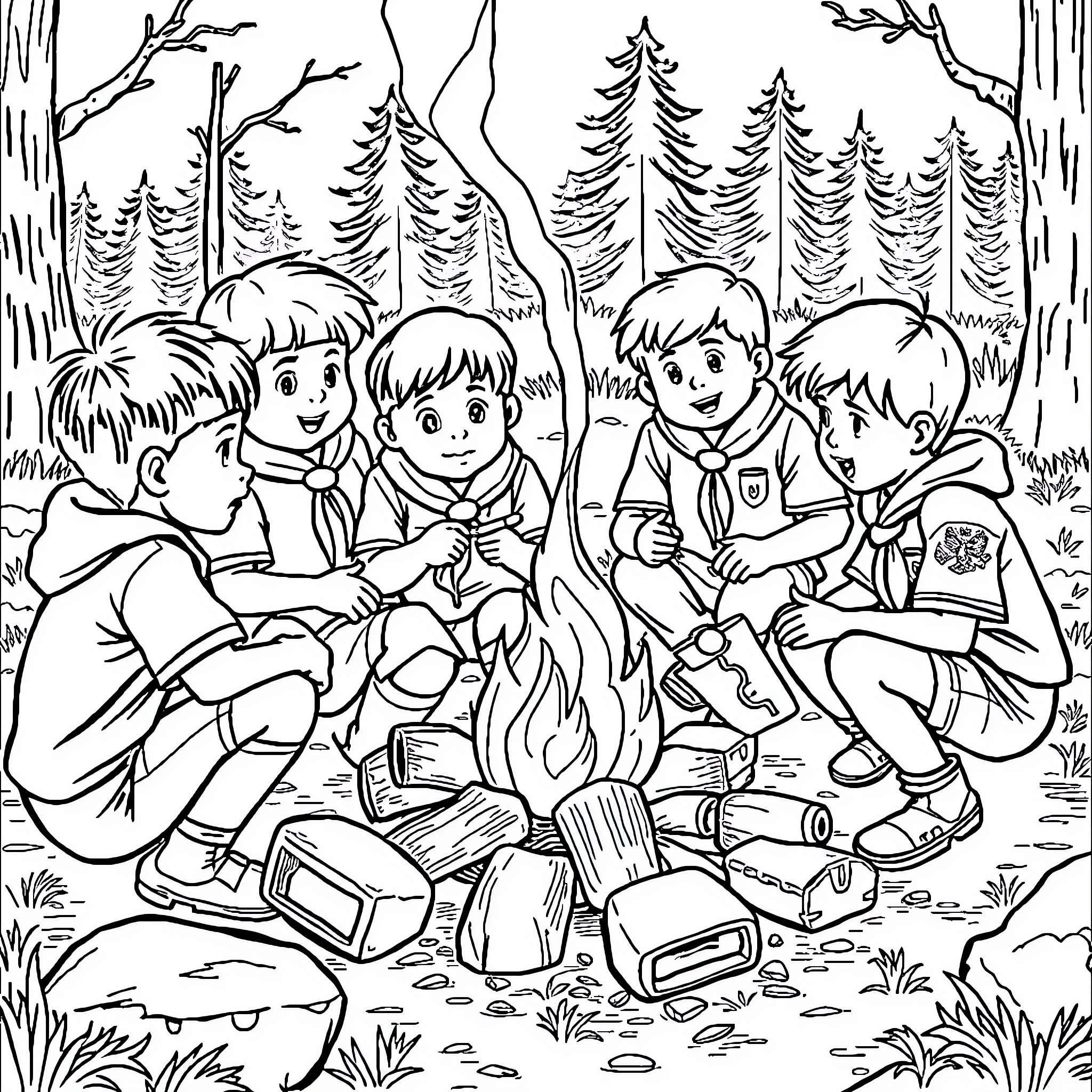 Cub Scouts enjoying a campfire in the forest Coloring Page (free black-and-white line drawing printable PDF for all, from beginners to advanced learners, including children, teens, adults, and seniors)