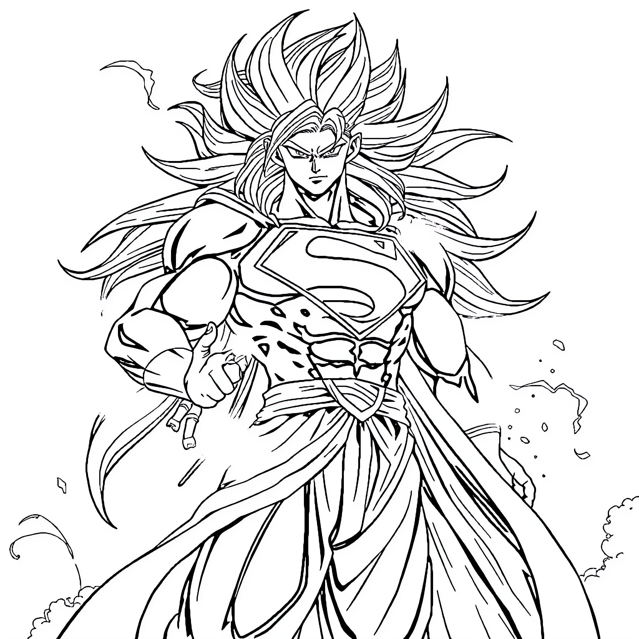 Superman in heroic super saiyan pose Coloring Page (free black-and-white line drawing printable PDF for all, from beginners to advanced learners, including children, teens, adults, and seniors)