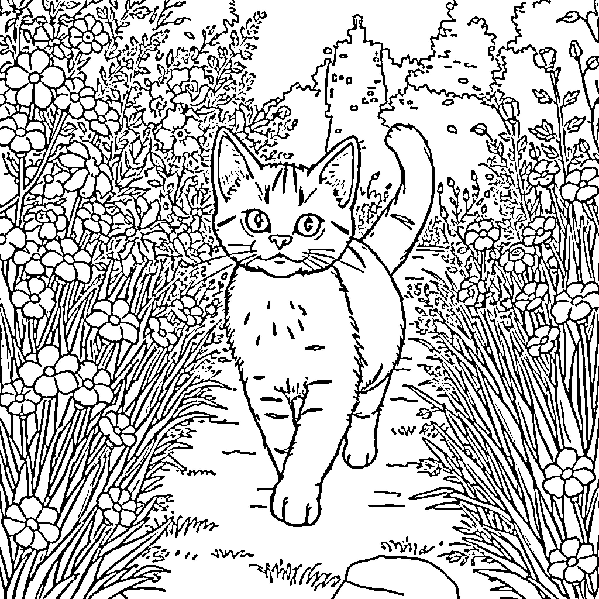 Cat in a Floral Garden Coloring Page (free black-and-white line drawing printable PDF for all, from beginners to advanced learners, including children, teens, adults, and seniors)