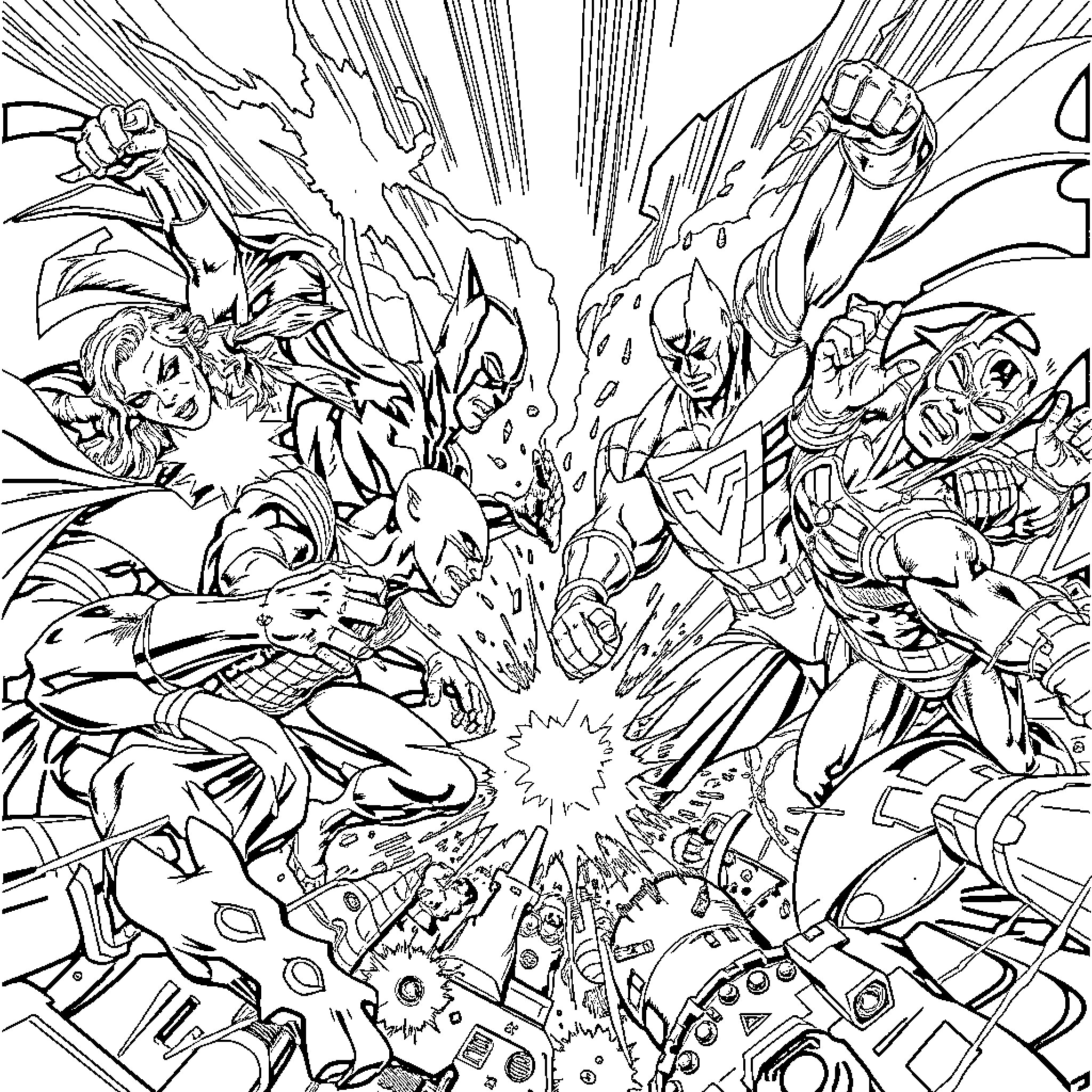Marvel vs DC: Epic Superhero Clash Coloring Page (free black-and-white line drawing printable PDF for all, from beginners to advanced learners, including children, teens, adults, and seniors)