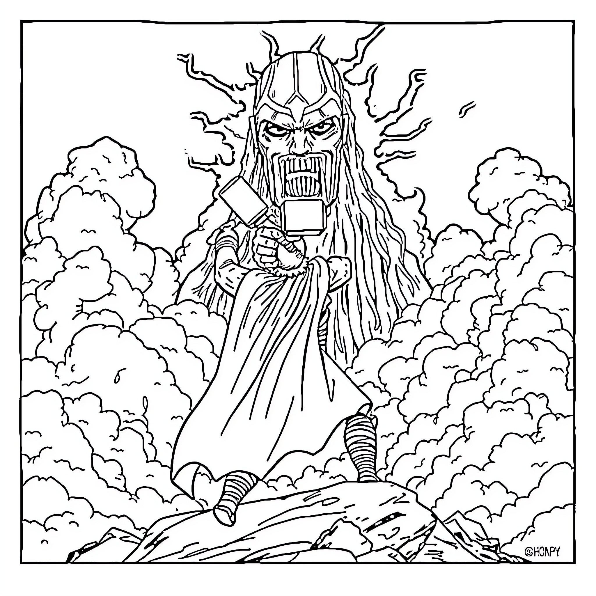 Thor unleashing mighty power in a dramatic storm Coloring Page (free black-and-white line drawing printable PDF for all, from beginners to advanced learners, including children, teens, adults, and seniors)