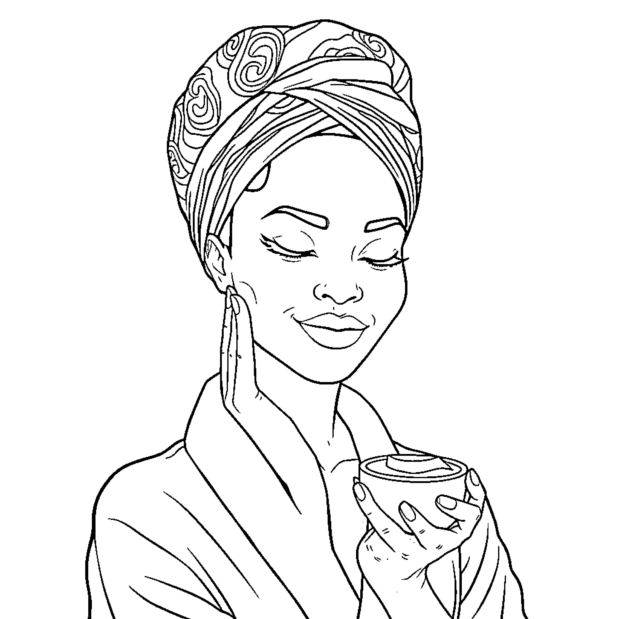 Woman enjoying a warm drink in a thoughtful moment Coloring Page (free black-and-white line drawing printable PDF for all, from beginners to advanced learners, including children, teens, adults, and seniors)