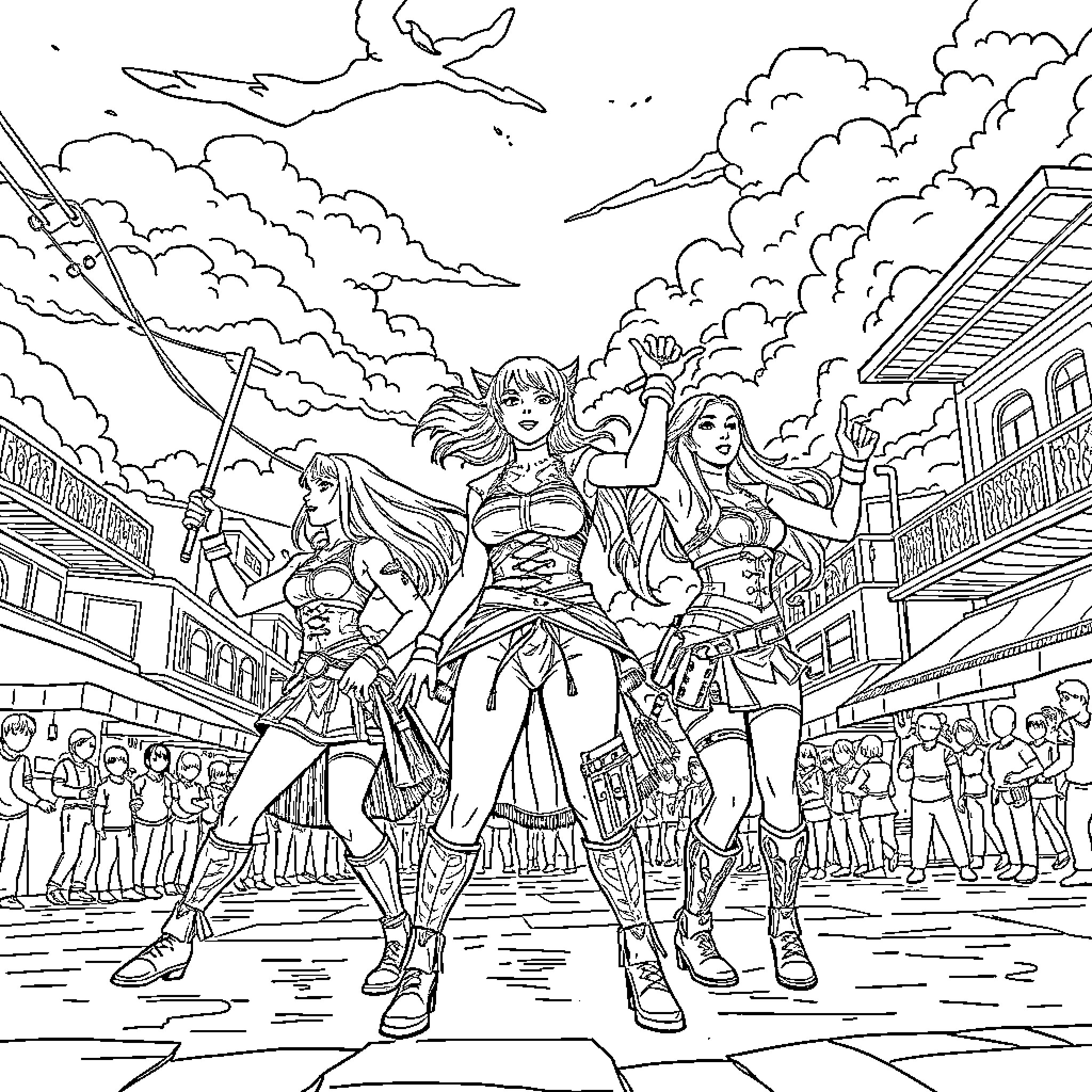 K Pop Warrior Fierce Female Performers on Stage Coloring Page (free black-and-white line drawing printable PDF for all, from beginners to advanced learners, including children, teens, adults, and seniors)