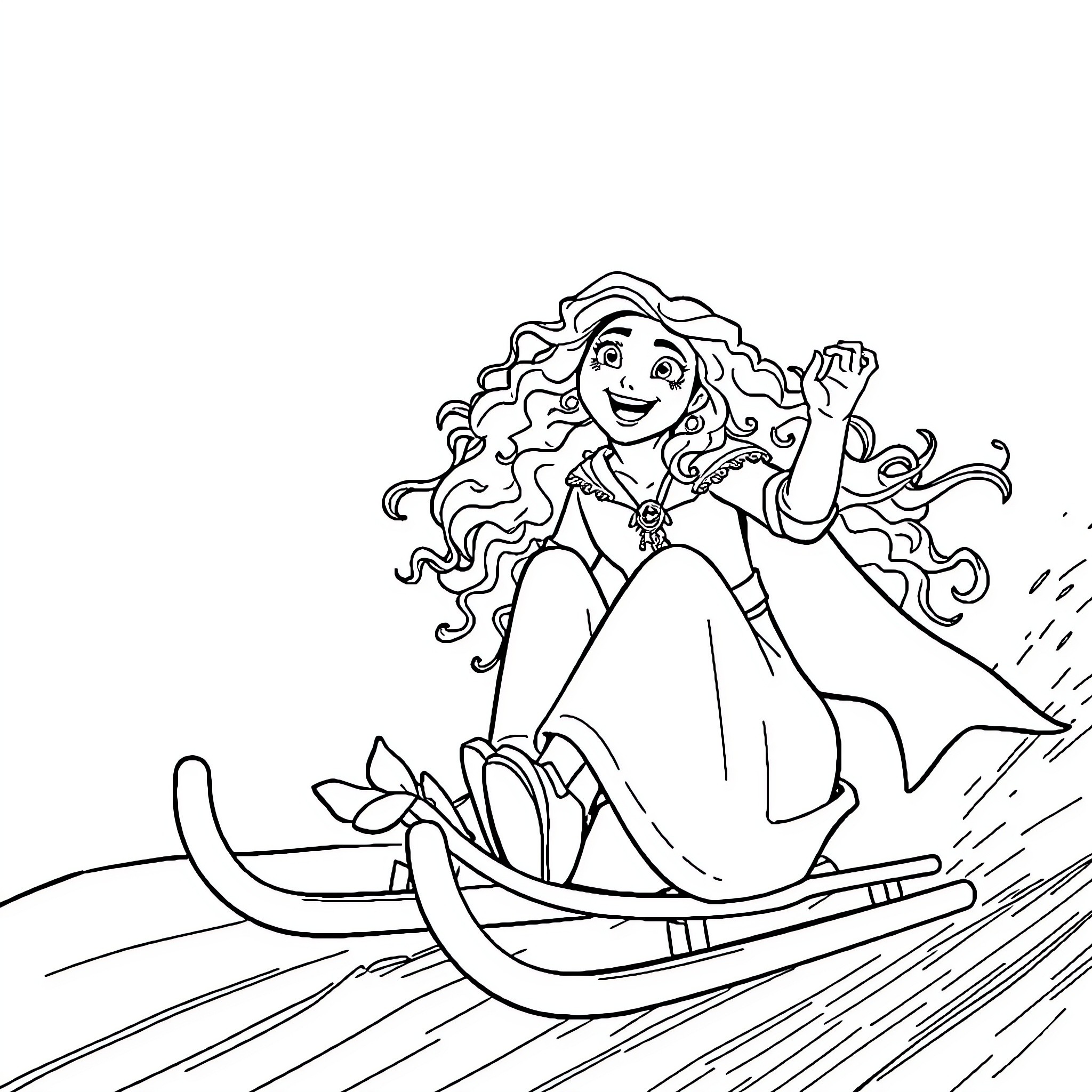 Merida's Thrilling Sledding Adventure Coloring Page (free black-and-white line drawing printable PDF for all, from beginners to advanced learners, including children, teens, adults, and seniors)