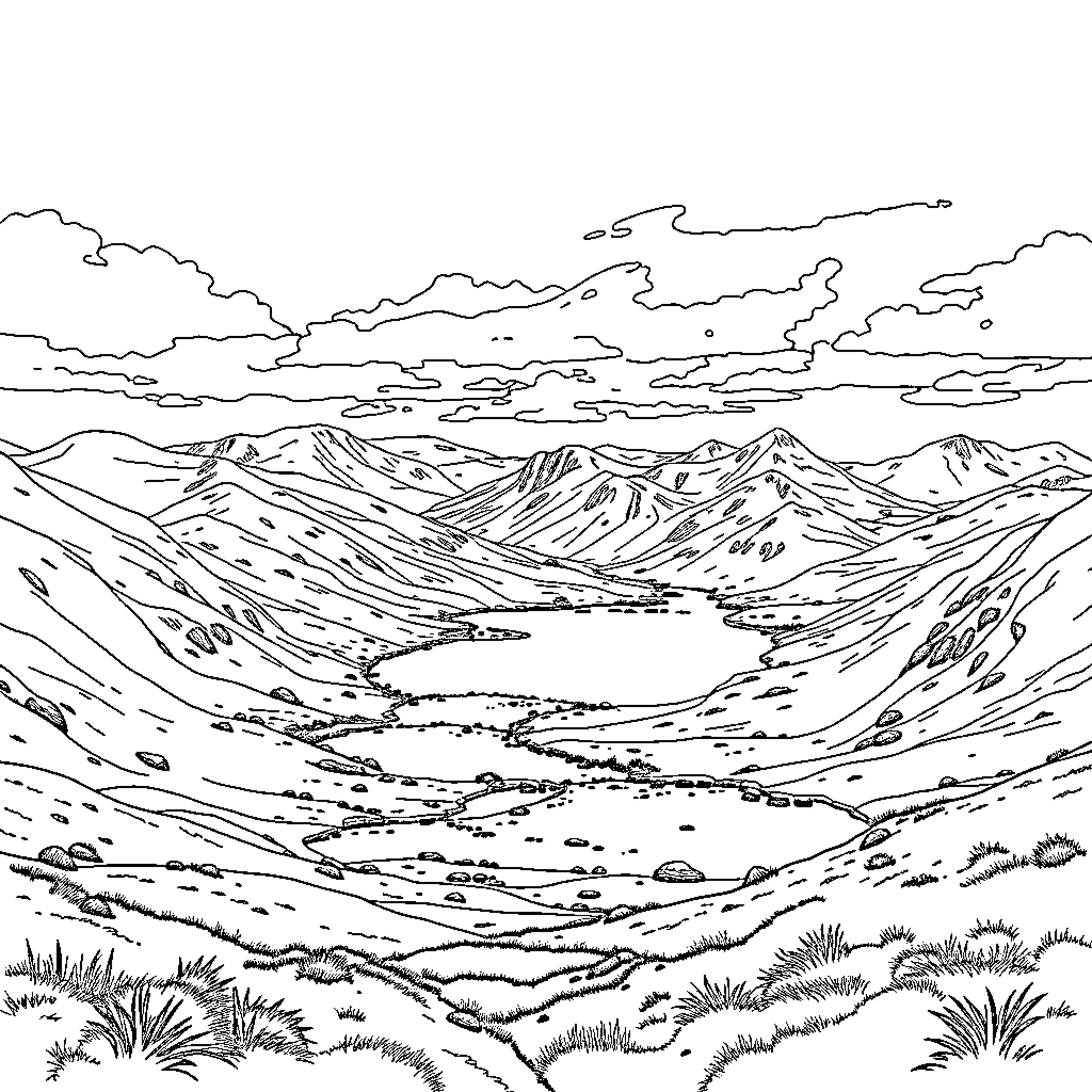 Connemara landscape of mountainous terrain and serene lake Coloring Page (free black-and-white line drawing printable PDF for all, from beginners to advanced learners, including children, teens, adults, and seniors)