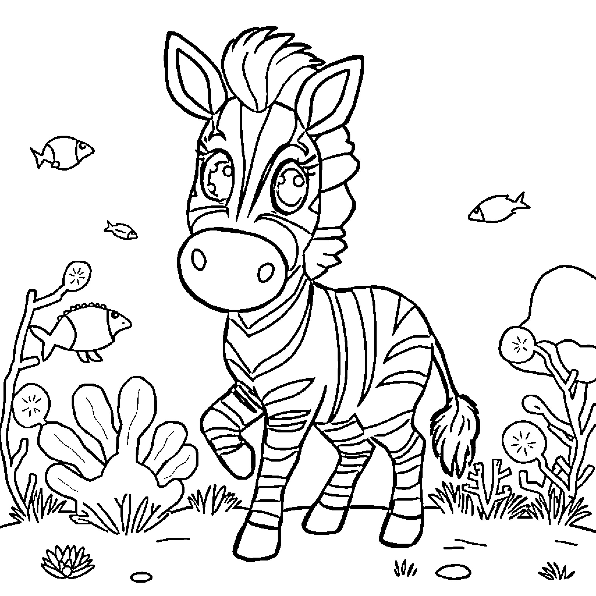 Zebra standing in colorful underwater landscape Coloring Page (free black-and-white line drawing printable PDF for all, from beginners to advanced learners, including children, teens, adults, and seniors)