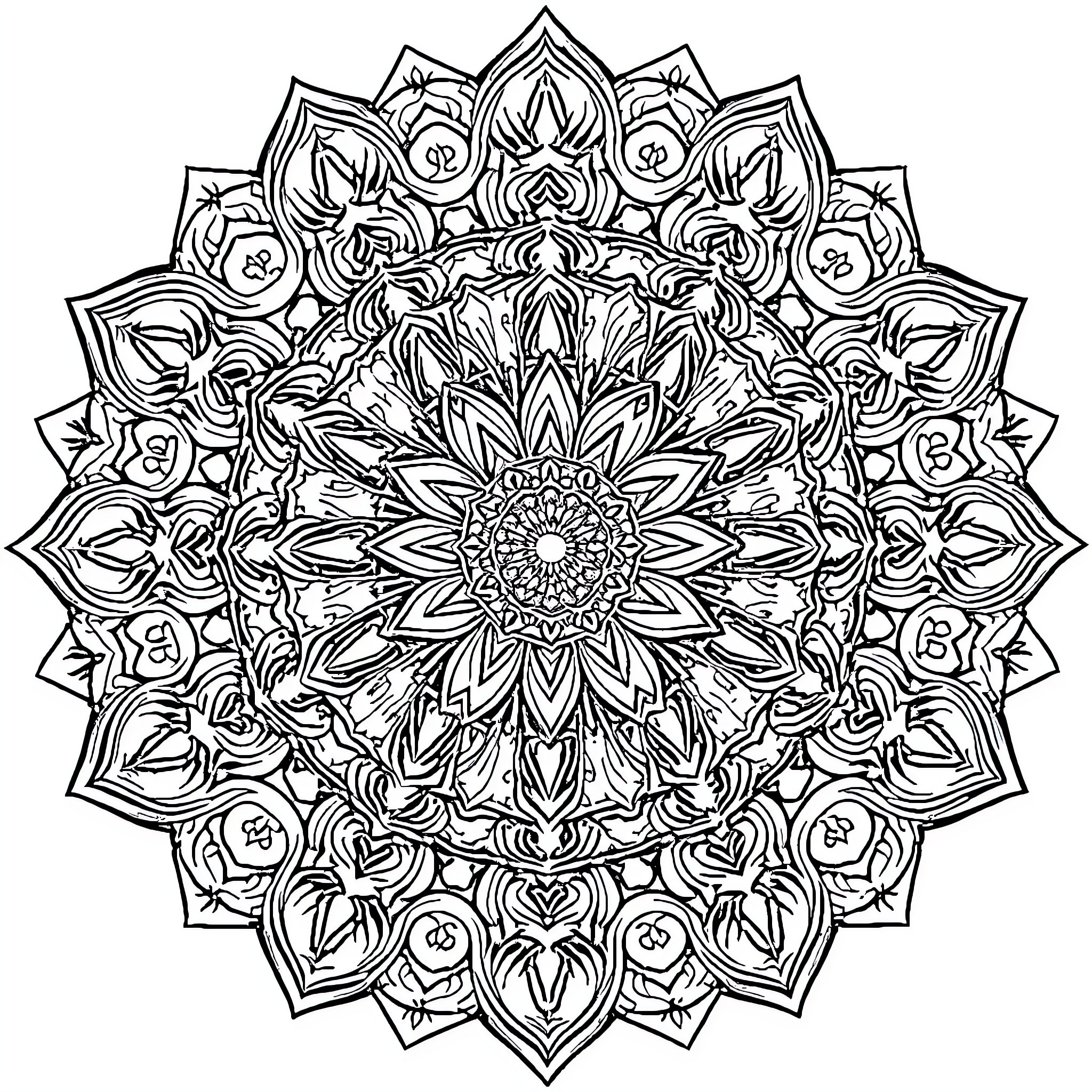 Mandala with intricate floral patterns and symmetrical design Coloring Page (free black-and-white line drawing printable PDF for all, from beginners to advanced learners, including children, teens, adults, and seniors)