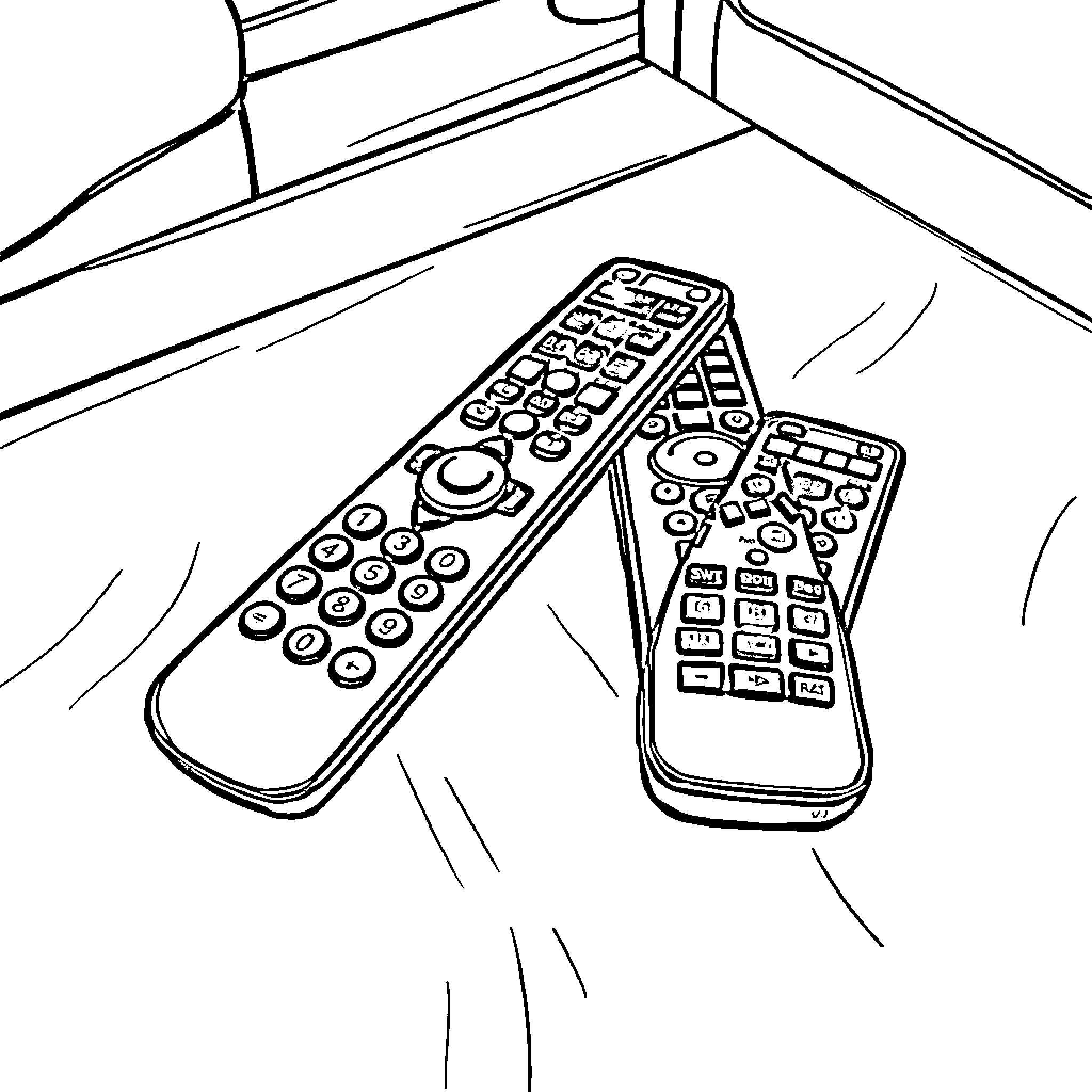 Remote Control Devices on the Couch Coloring Page (free black-and-white line drawing printable PDF for all, from beginners to advanced learners, including children, teens, adults, and seniors)