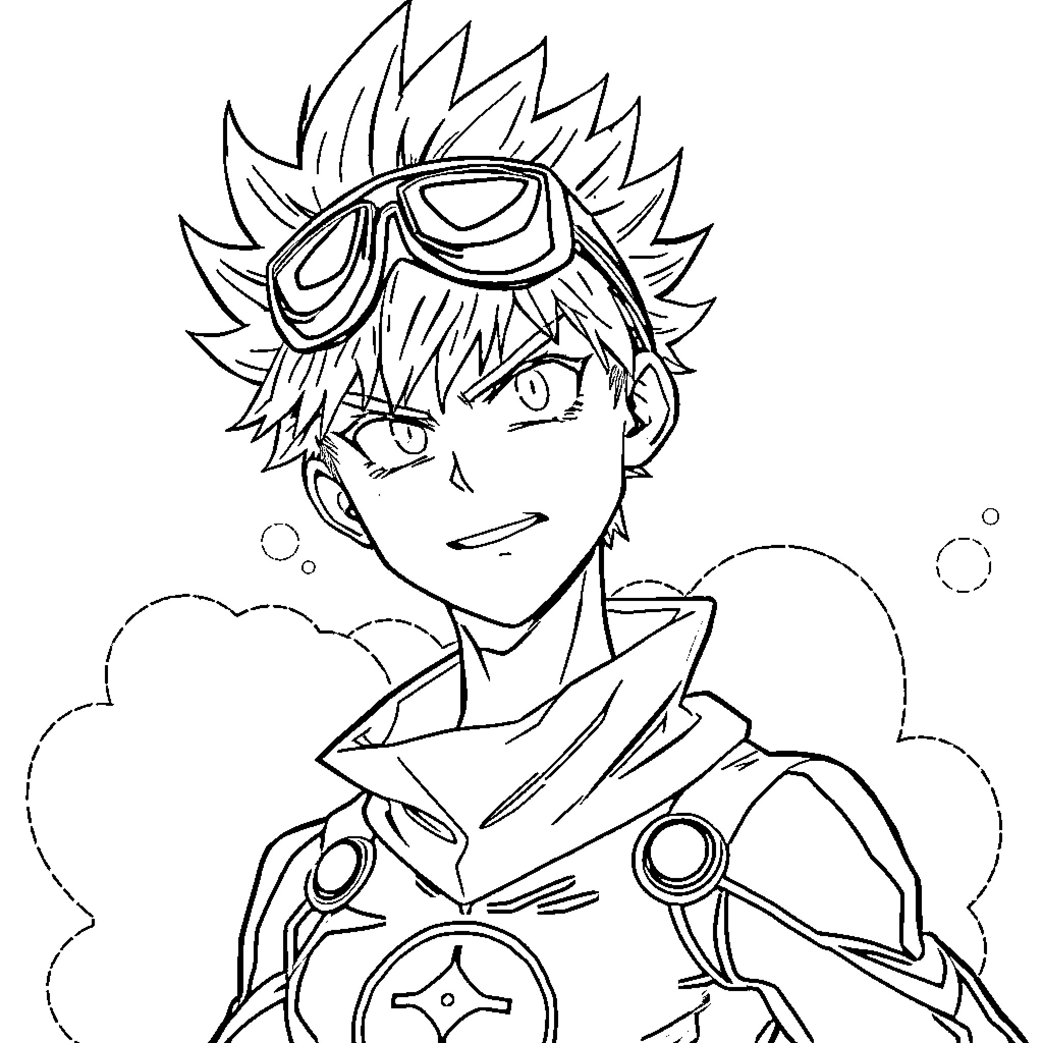 Katsuki Bakugo in heroic action pose Coloring Page (free black-and-white line drawing printable PDF for all, from beginners to advanced learners, including children, teens, adults, and seniors)