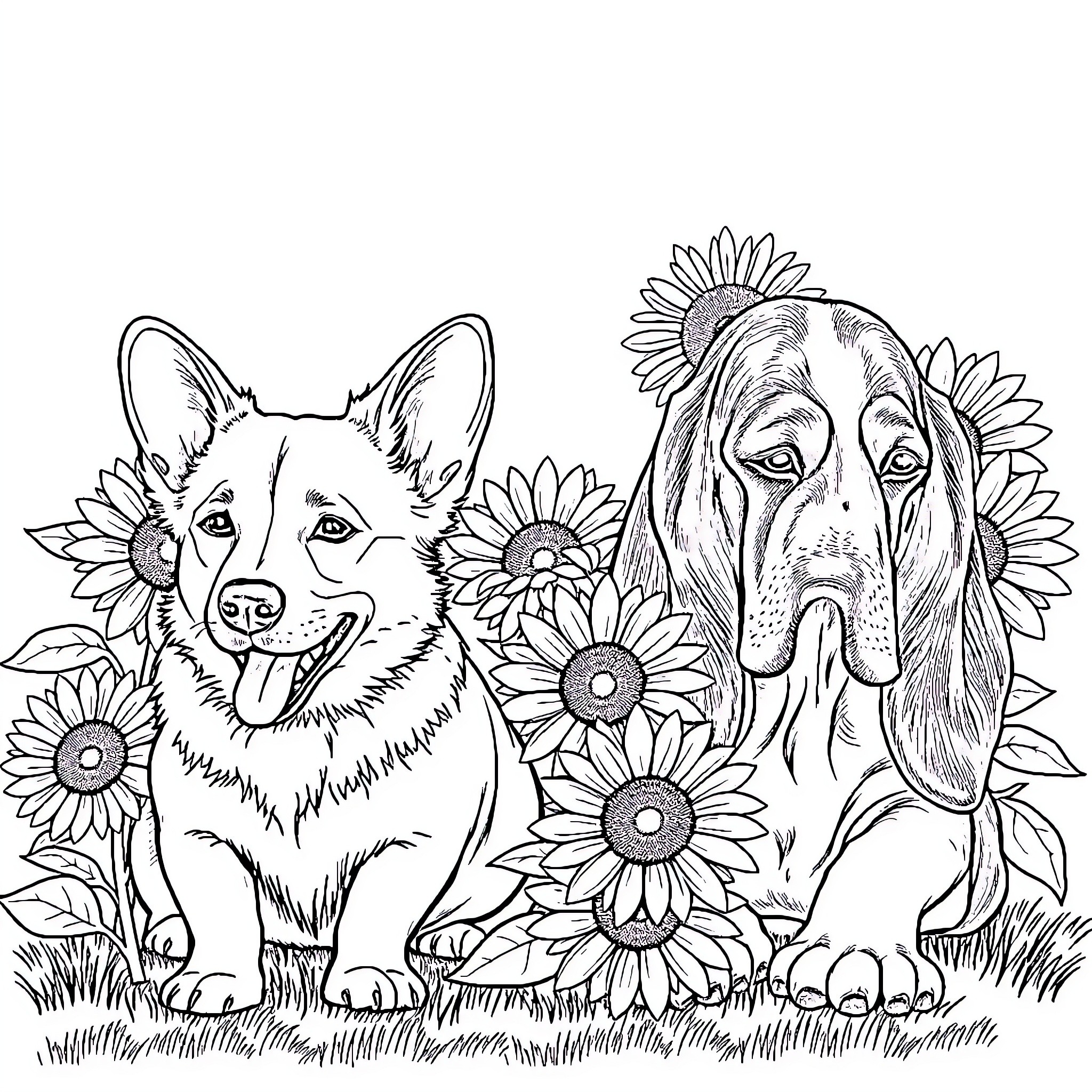 Corgi and Bloodhound playing among sunflowers Coloring Page (free black-and-white line drawing printable PDF for all, from beginners to advanced learners, including children, teens, adults, and seniors)