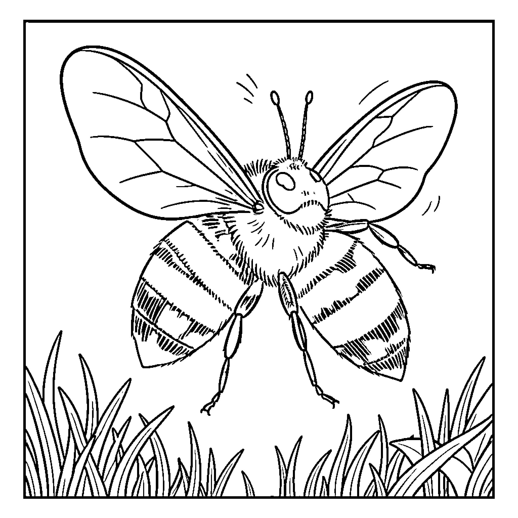 Buzzing bee flying over the meadow grass Coloring Page (free black-and-white line drawing printable PDF for all, from beginners to advanced learners, including children, teens, adults, and seniors)