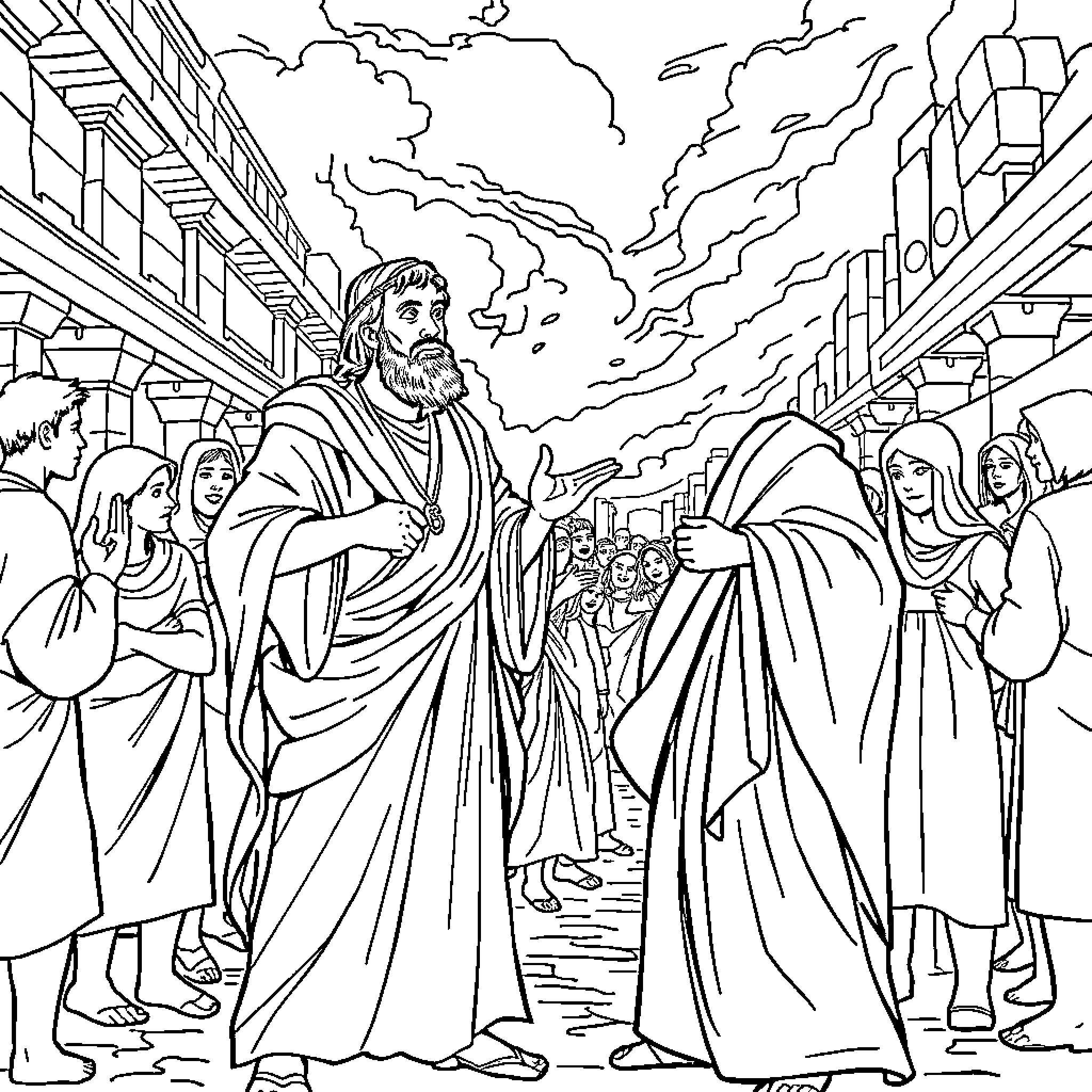 Apostle preaching to the crowd in the city Coloring Page (free black-and-white line drawing printable PDF for all, from beginners to advanced learners, including children, teens, adults, and seniors)