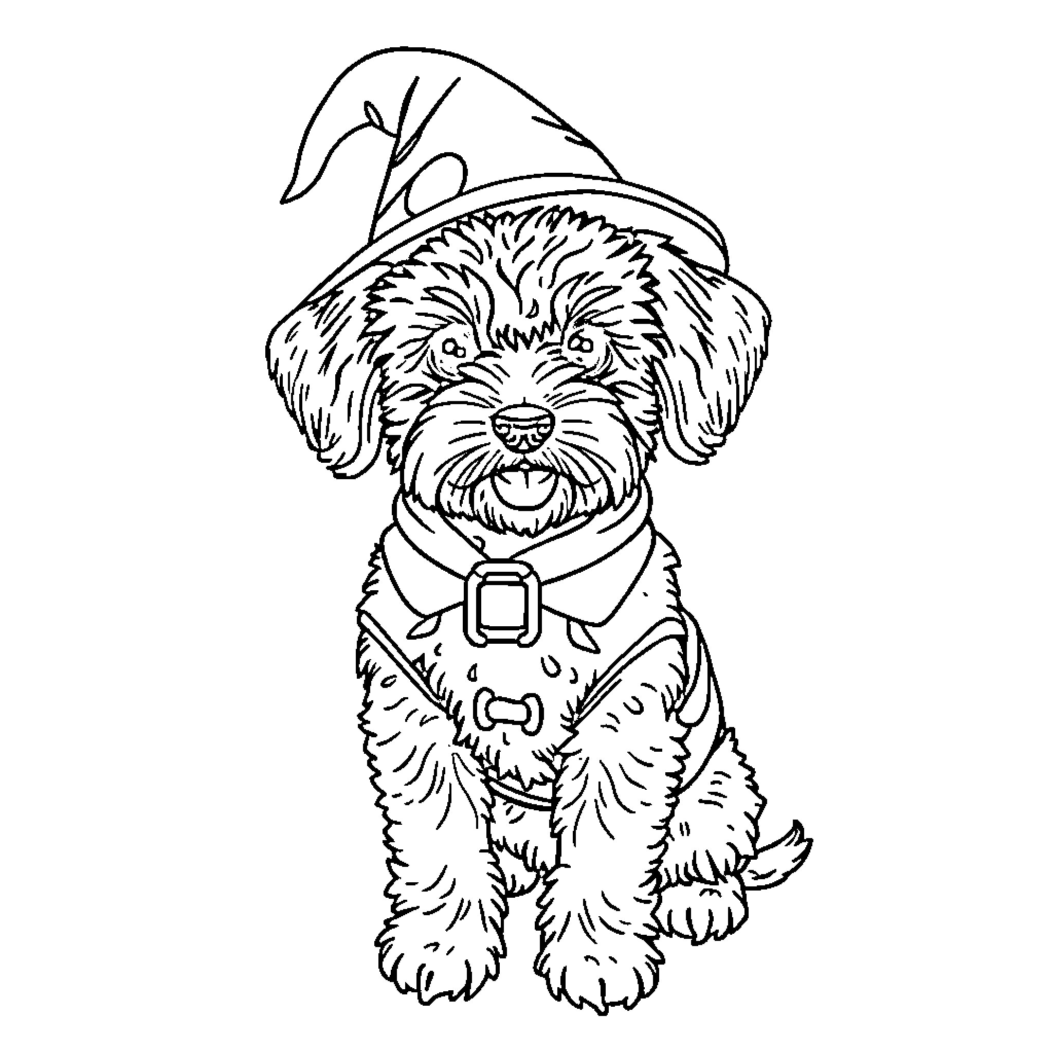 Cavoodle wearing a witch hat and looking happy Coloring Page (free black-and-white line drawing printable PDF for all, from beginners to advanced learners, including children, teens, adults, and seniors)