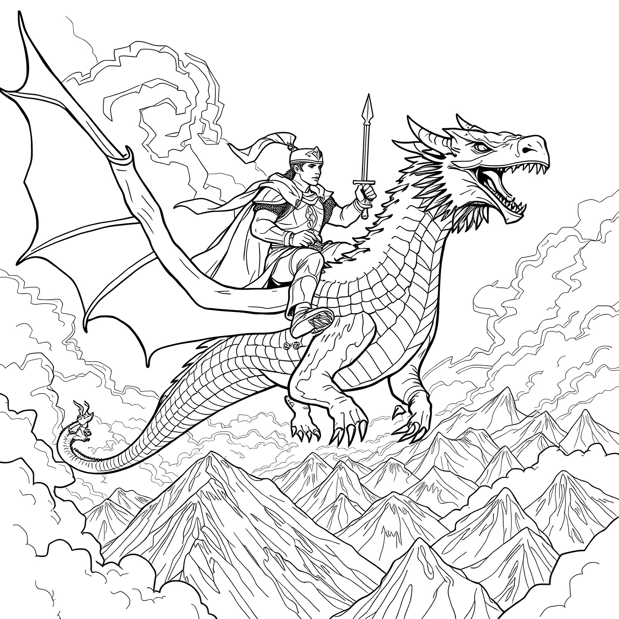 Drake Battles Fierce Dragon Atop Rugged Mountains Coloring Page (free black-and-white line drawing printable PDF for all, from beginners to advanced learners, including children, teens, adults, and seniors)