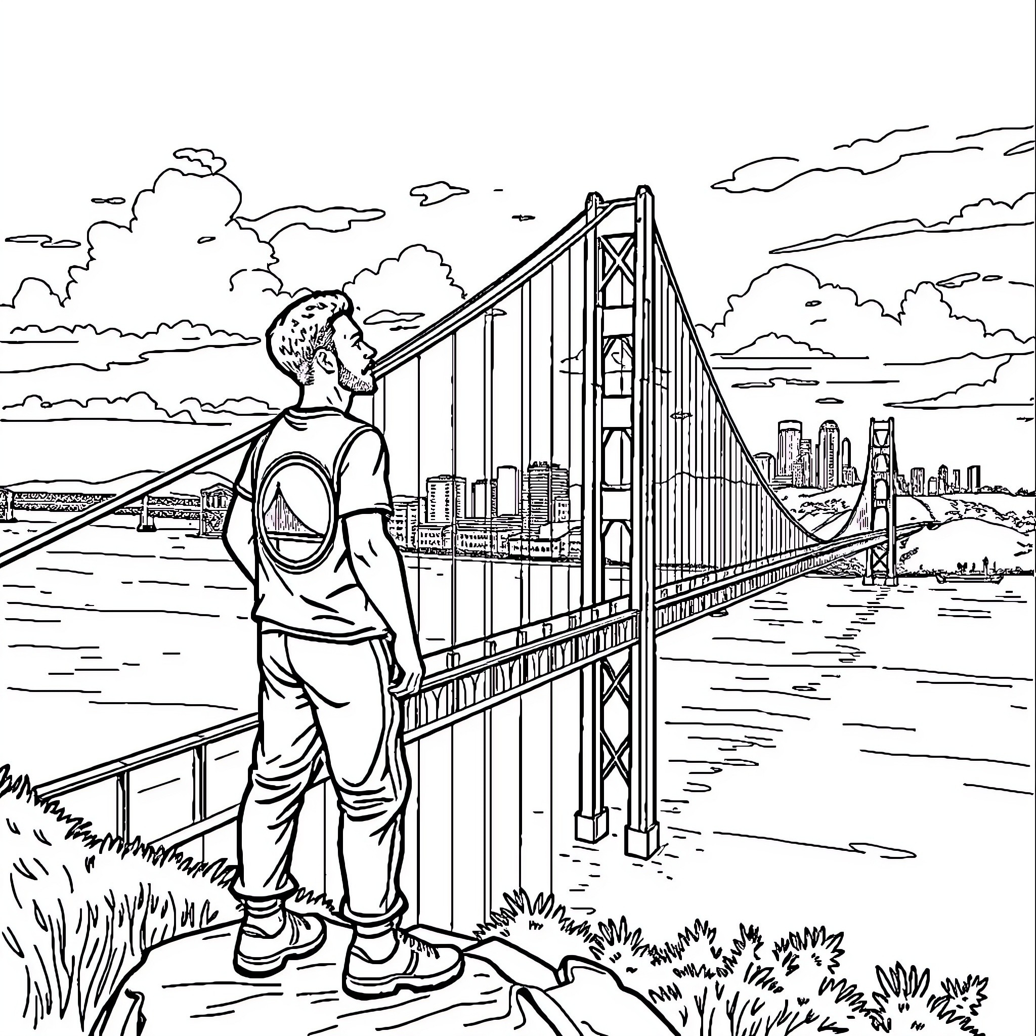 Steph Curry enjoying the view of the Golden Gate Bridge Coloring Page (free black-and-white line drawing printable PDF for all, from beginners to advanced learners, including children, teens, adults, and seniors)