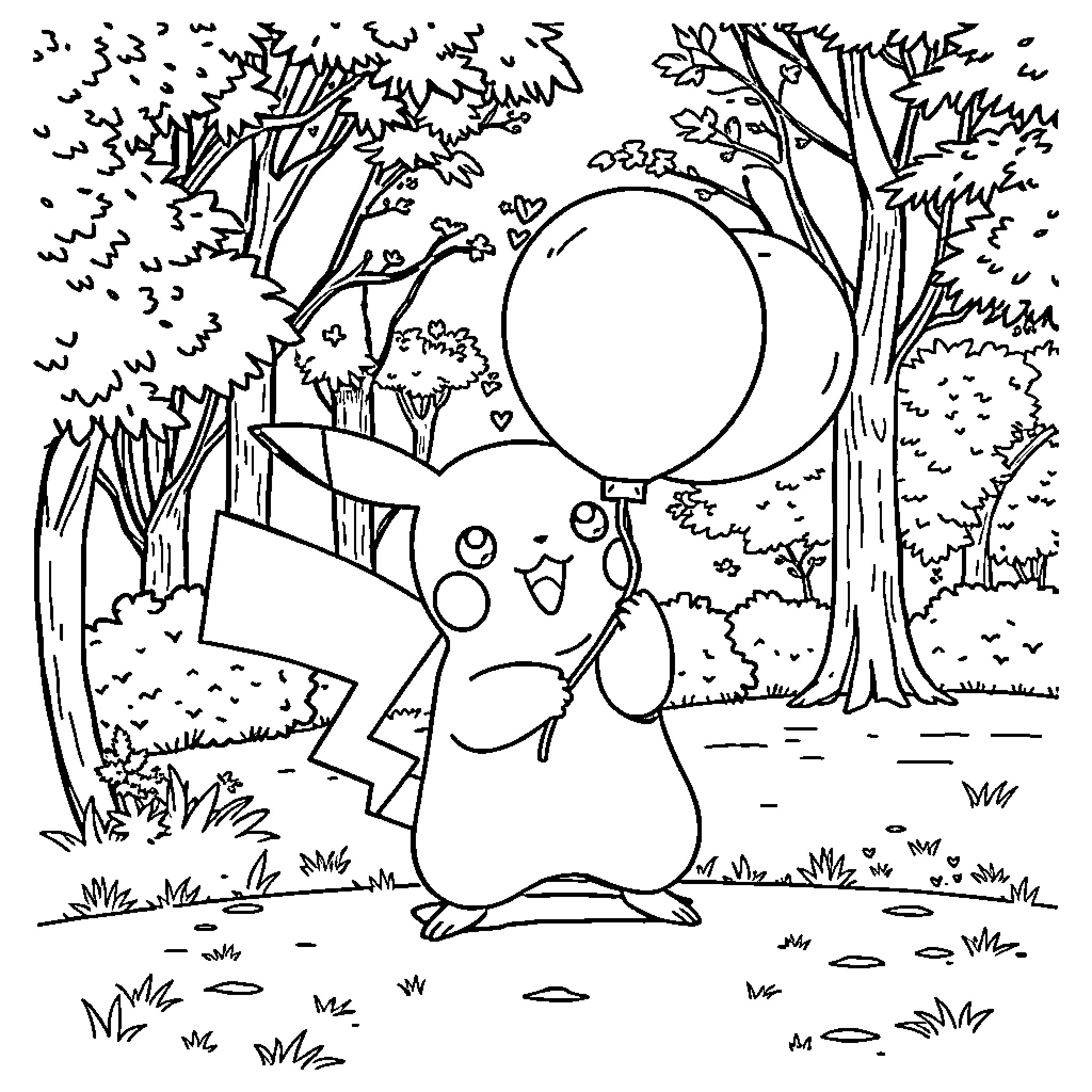 Pikachu enjoying nature in the forest Coloring Page (free black-and-white line drawing printable PDF for all, from beginners to advanced learners, including children, teens, adults, and seniors)