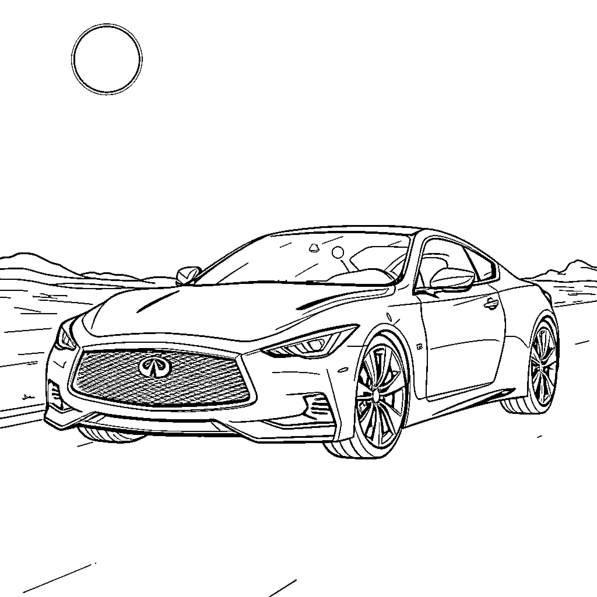 Infiniti Car Driving on a Desert Road Coloring Page (free black-and-white line drawing printable PDF for all, from beginners to advanced learners, including children, teens, adults, and seniors)