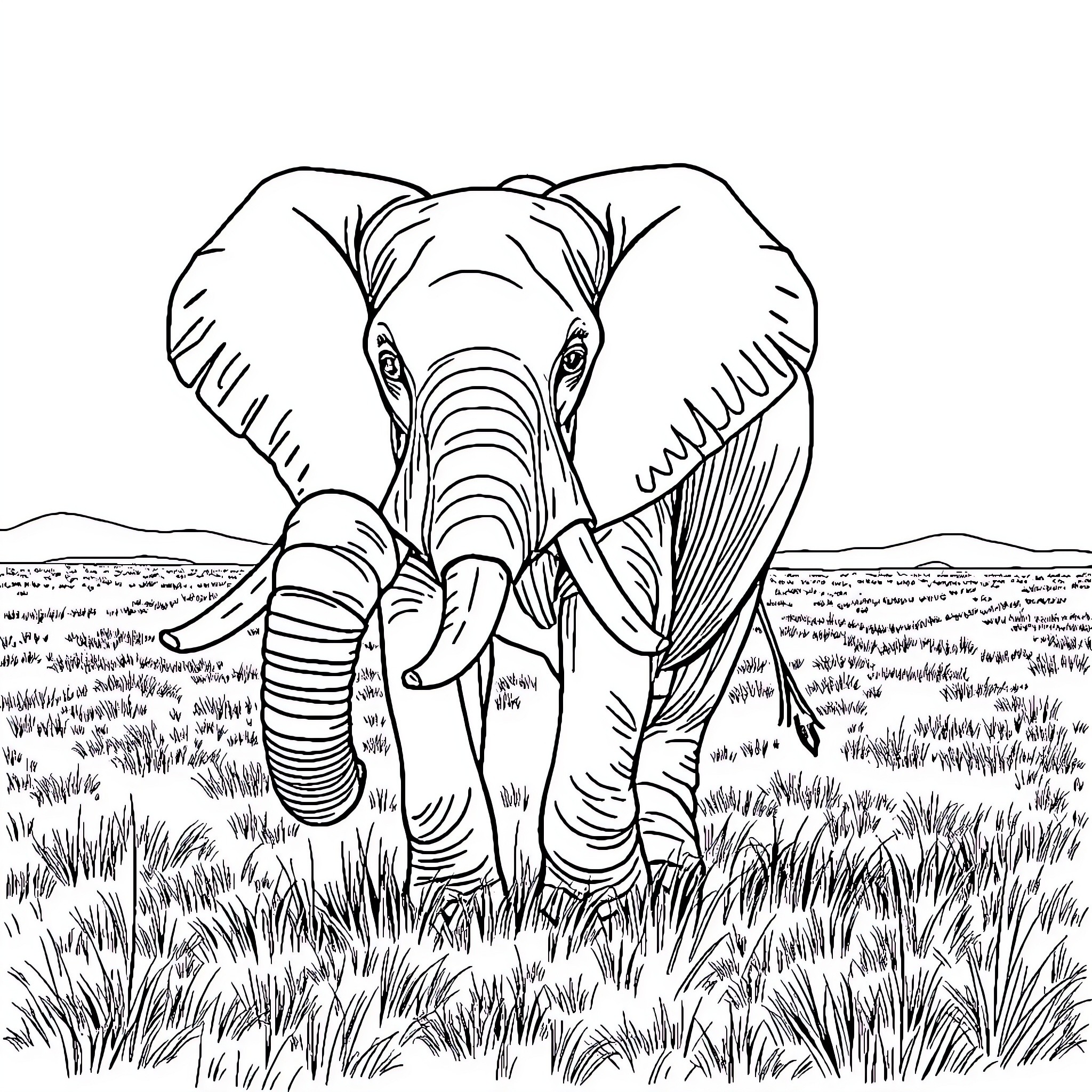Elephant standing tall in the grass Coloring Page (free black-and-white line drawing printable PDF for all, from beginners to advanced learners, including children, teens, adults, and seniors)