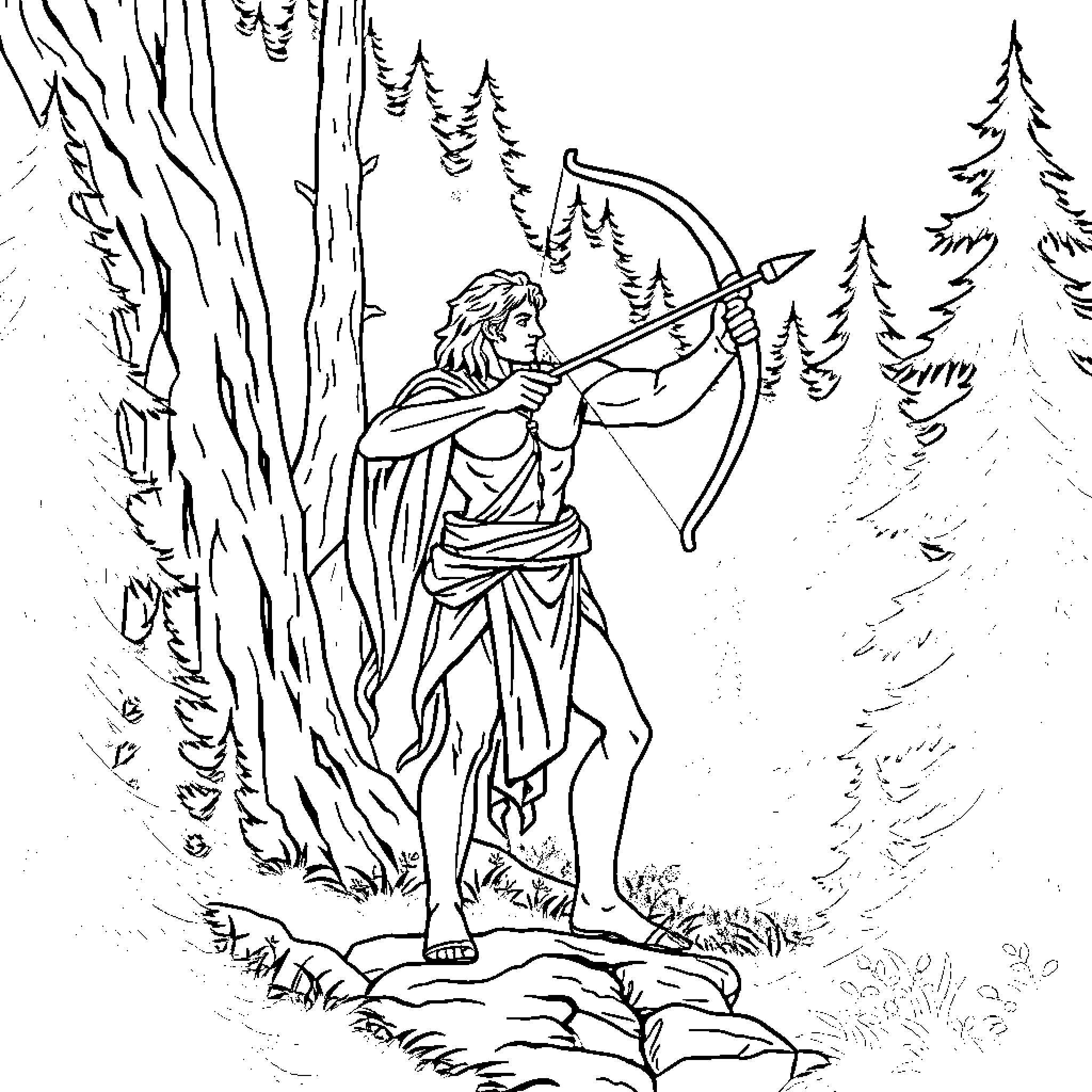 Sagittarius archer in the forest landscape Coloring Page (free black-and-white line drawing printable PDF for all, from beginners to advanced learners, including children, teens, adults, and seniors)