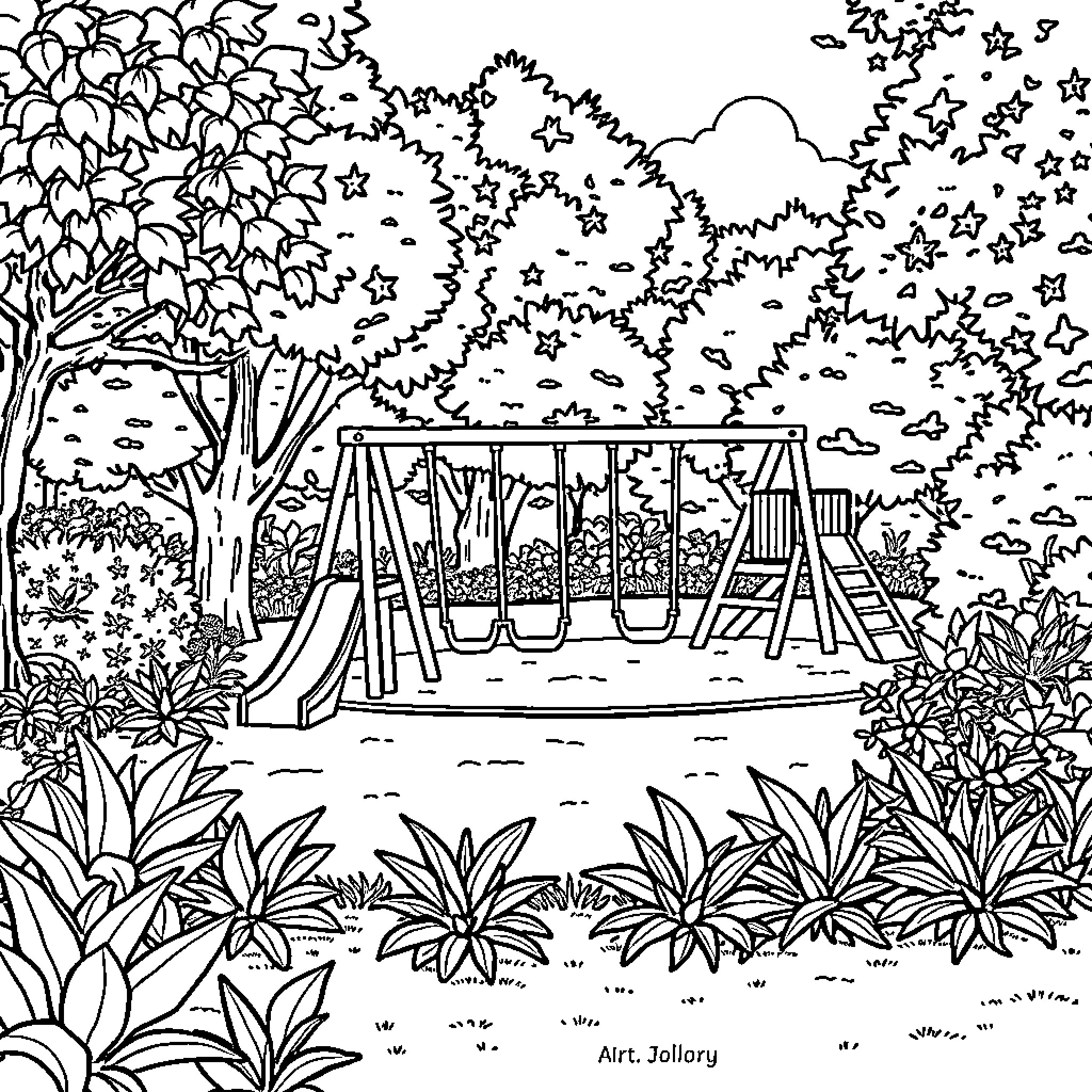 Park with Scenic Swings and Lush Foliage Coloring Page (free black-and-white line drawing printable PDF for all, from beginners to advanced learners, including children, teens, adults, and seniors)