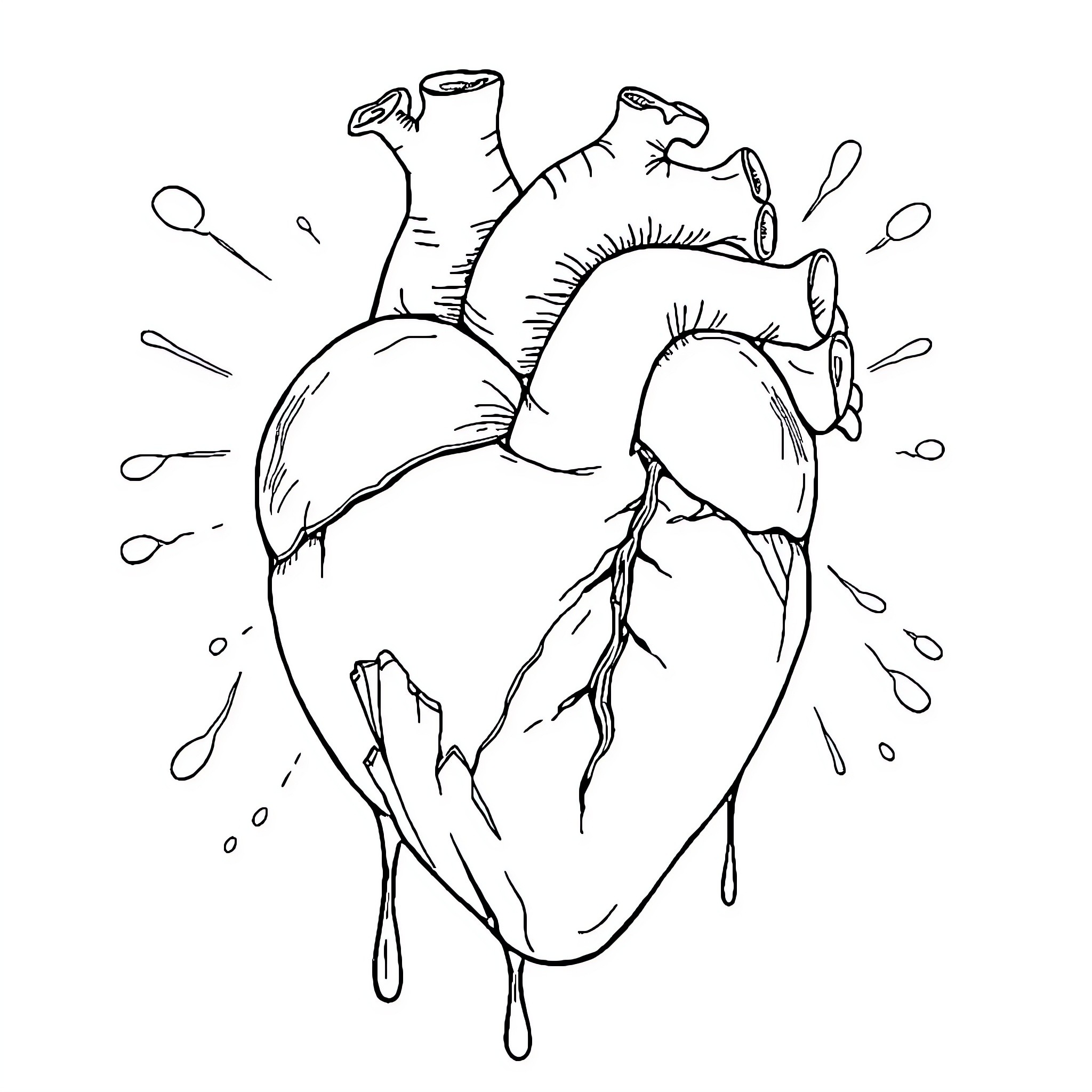 Heart Anatomy Detailed Illustration Coloring Page (free black-and-white line drawing printable PDF for all, from beginners to advanced learners, including children, teens, adults, and seniors)