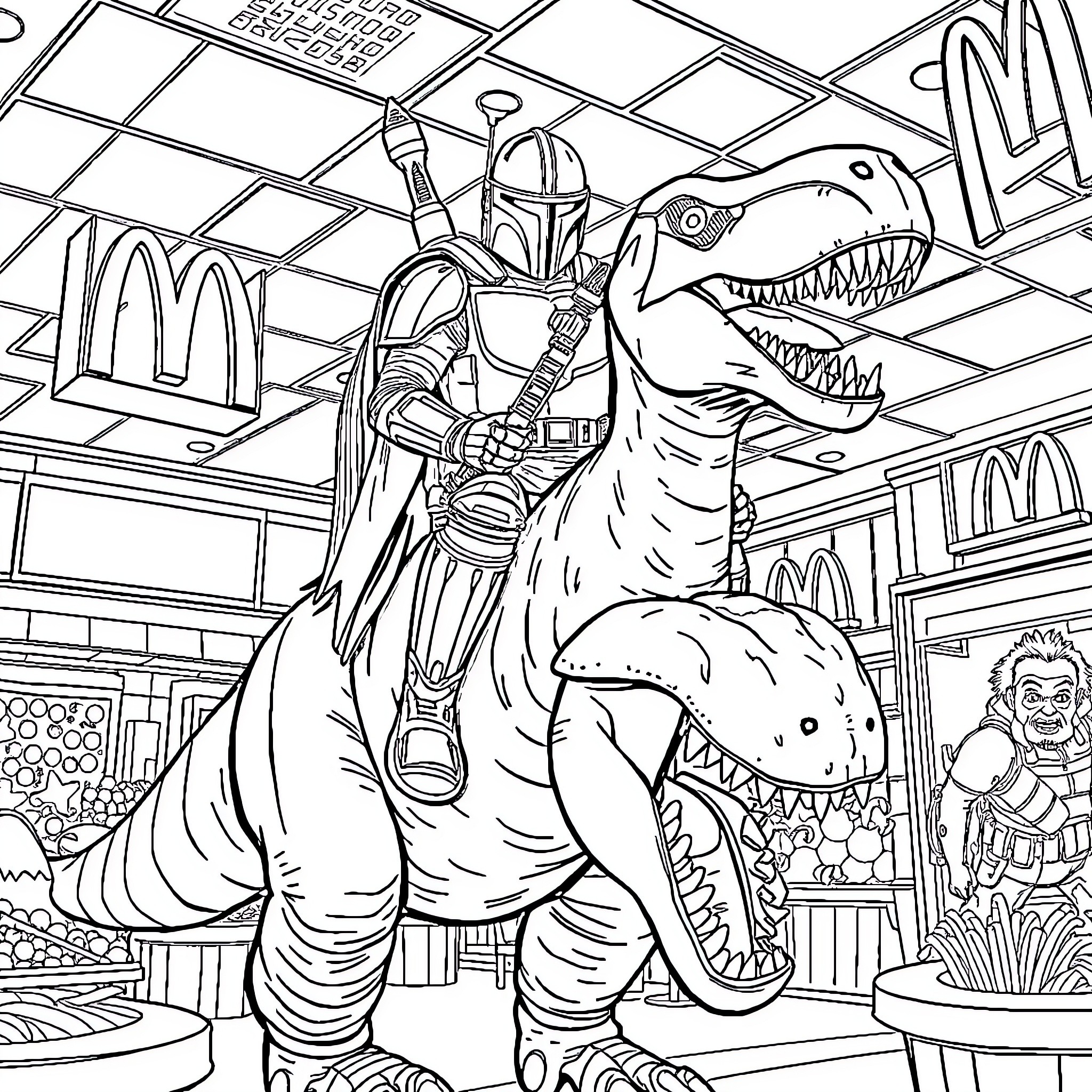 Mandalorian warrior riding a fierce prehistoric beast Coloring Page (free black-and-white line drawing printable PDF for all, from beginners to advanced learners, including children, teens, adults, and seniors)