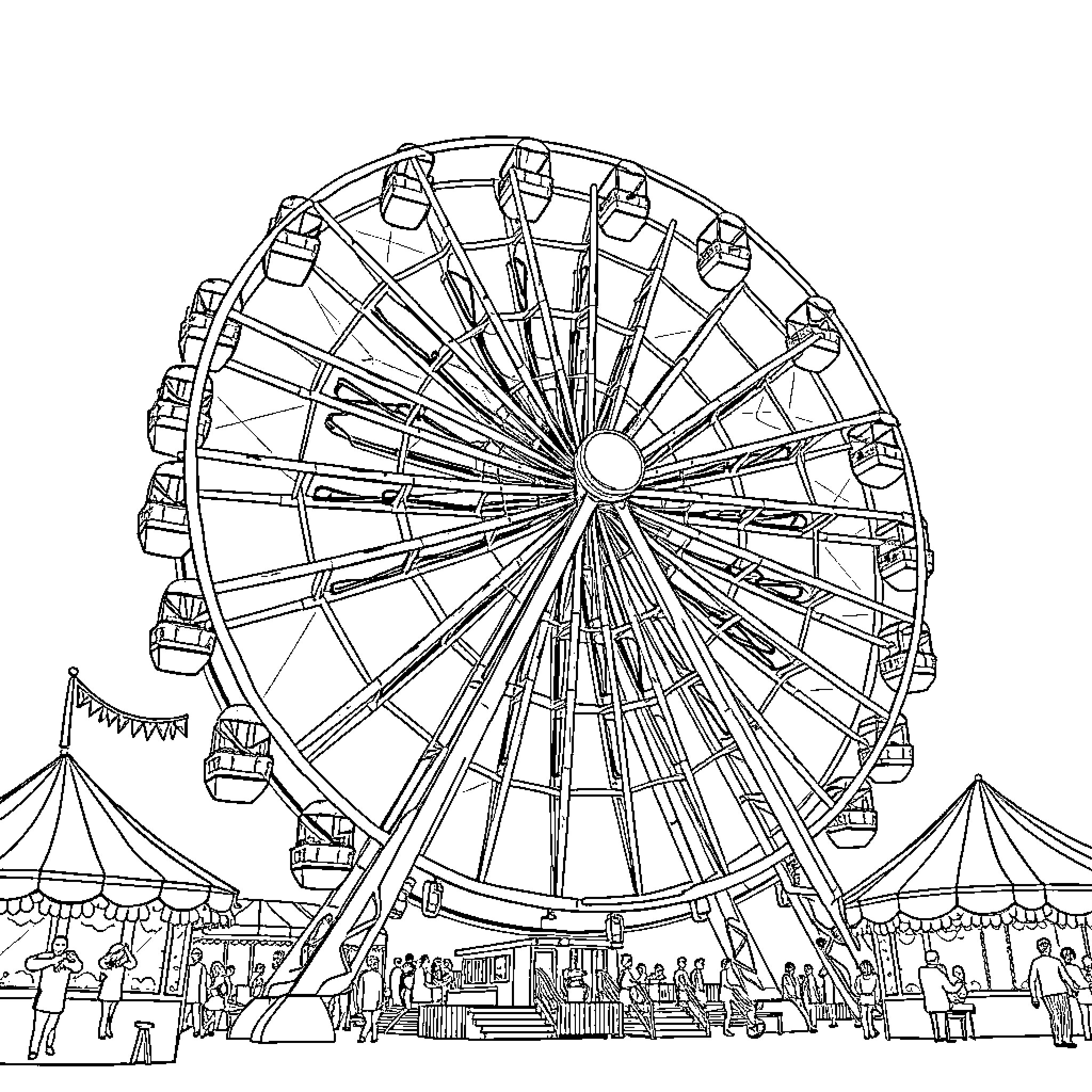 Ferris Wheel at a Carnival or Fair Coloring Page (free black-and-white line drawing printable PDF for all, from beginners to advanced learners, including children, teens, adults, and seniors)