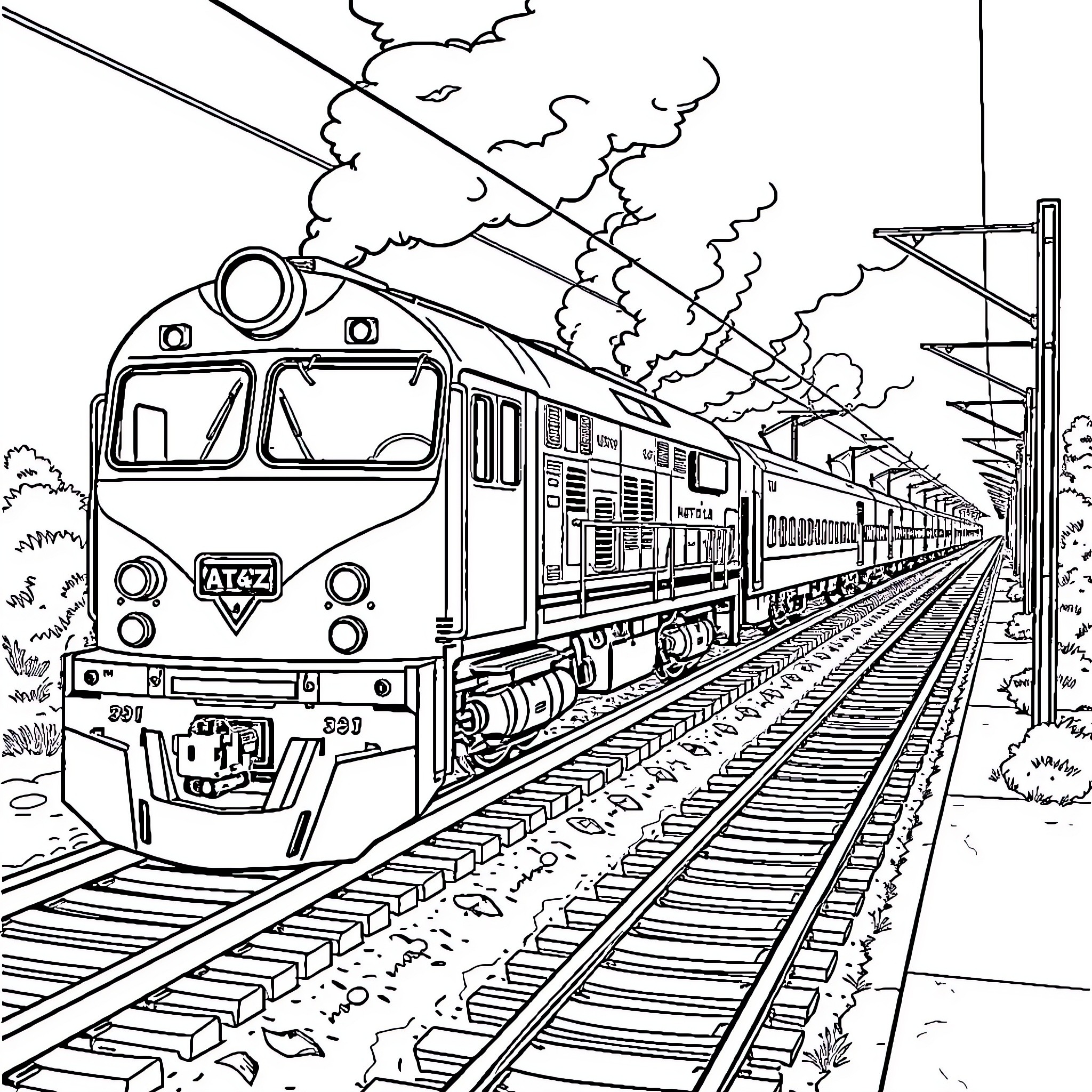 Train speeding through the countryside landscape Coloring Page (free black-and-white line drawing printable PDF for all, from beginners to advanced learners, including children, teens, adults, and seniors)