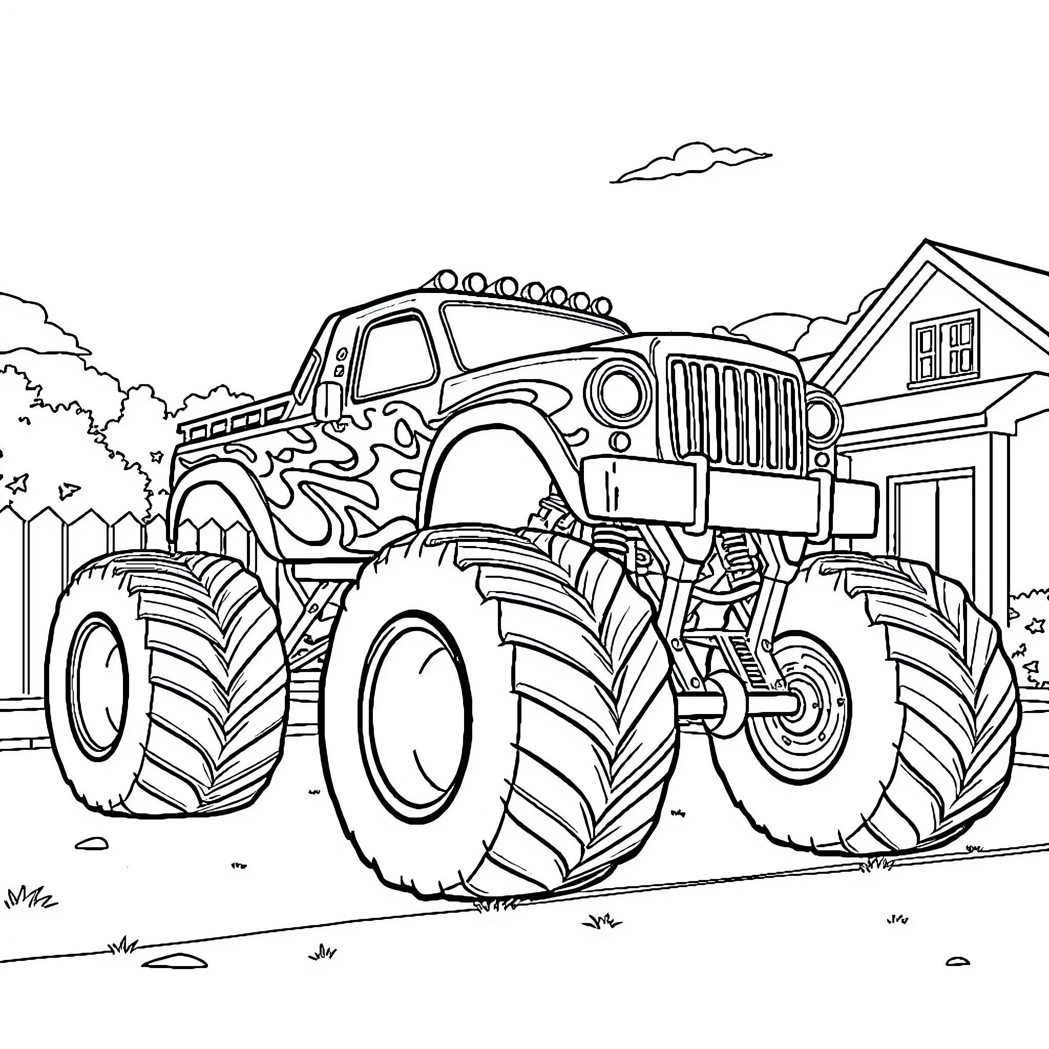 Monster Truck Crushing Obstacles in the Neighborhood Coloring Page (free black-and-white line drawing printable PDF for all, from beginners to advanced learners, including children, teens, adults, and seniors)