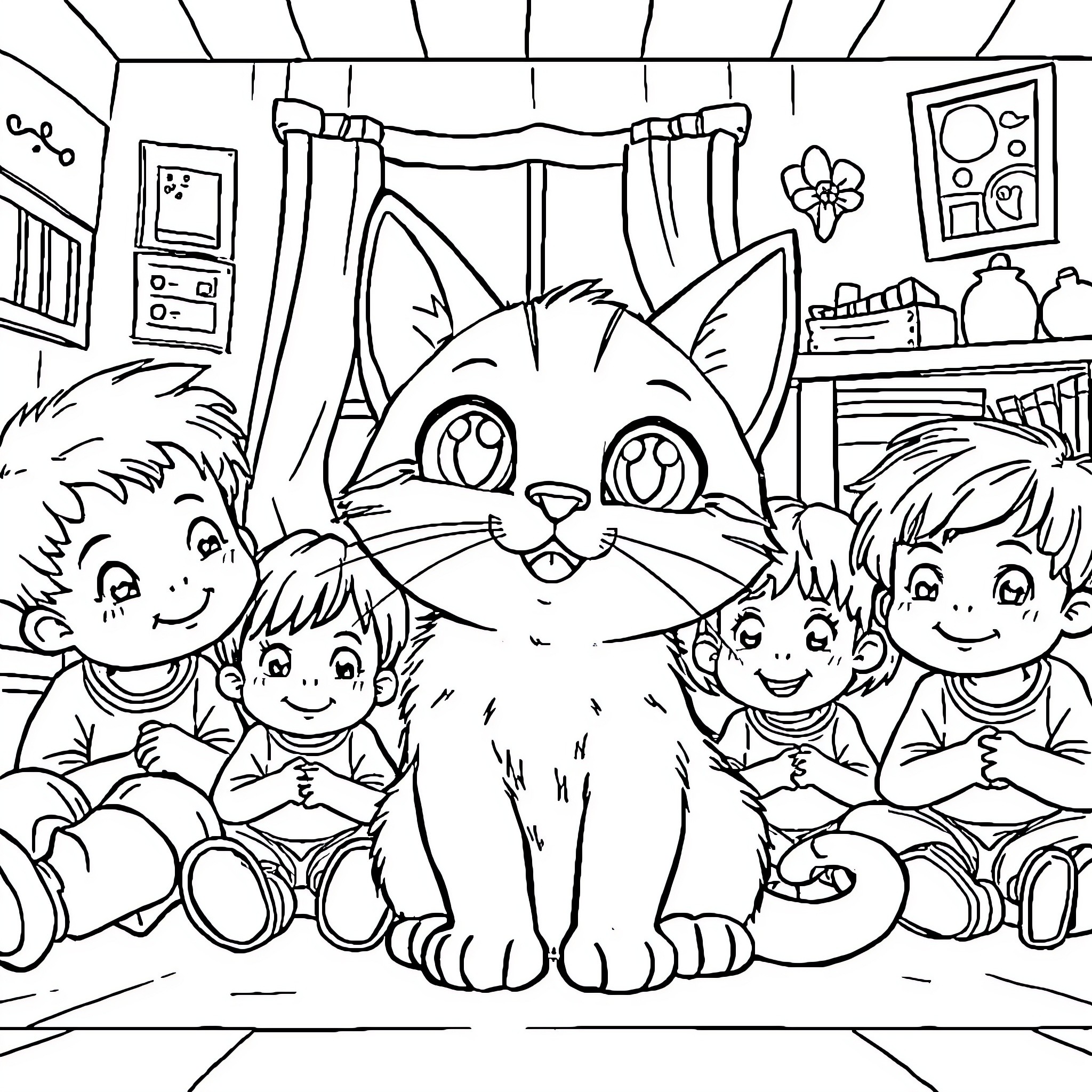 Cat with Children in Playroom Coloring Page (free black-and-white line drawing printable PDF for all, from beginners to advanced learners, including children, teens, adults, and seniors)