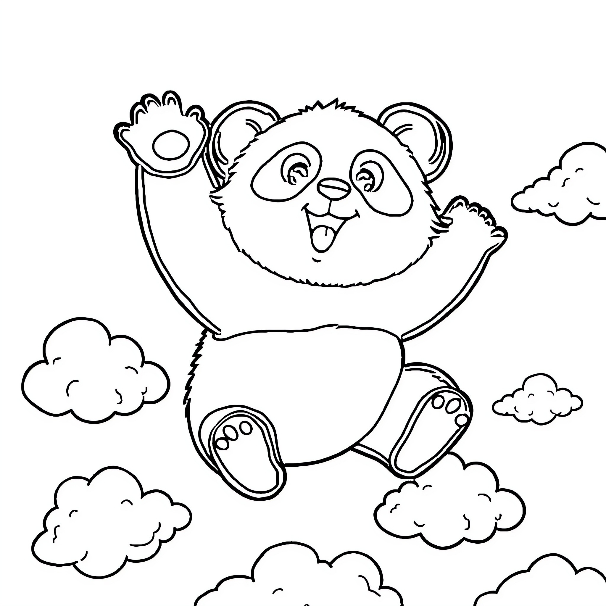Panda playing happily among the clouds Coloring Page (free black-and-white line drawing printable PDF for all, from beginners to advanced learners, including children, teens, adults, and seniors)
