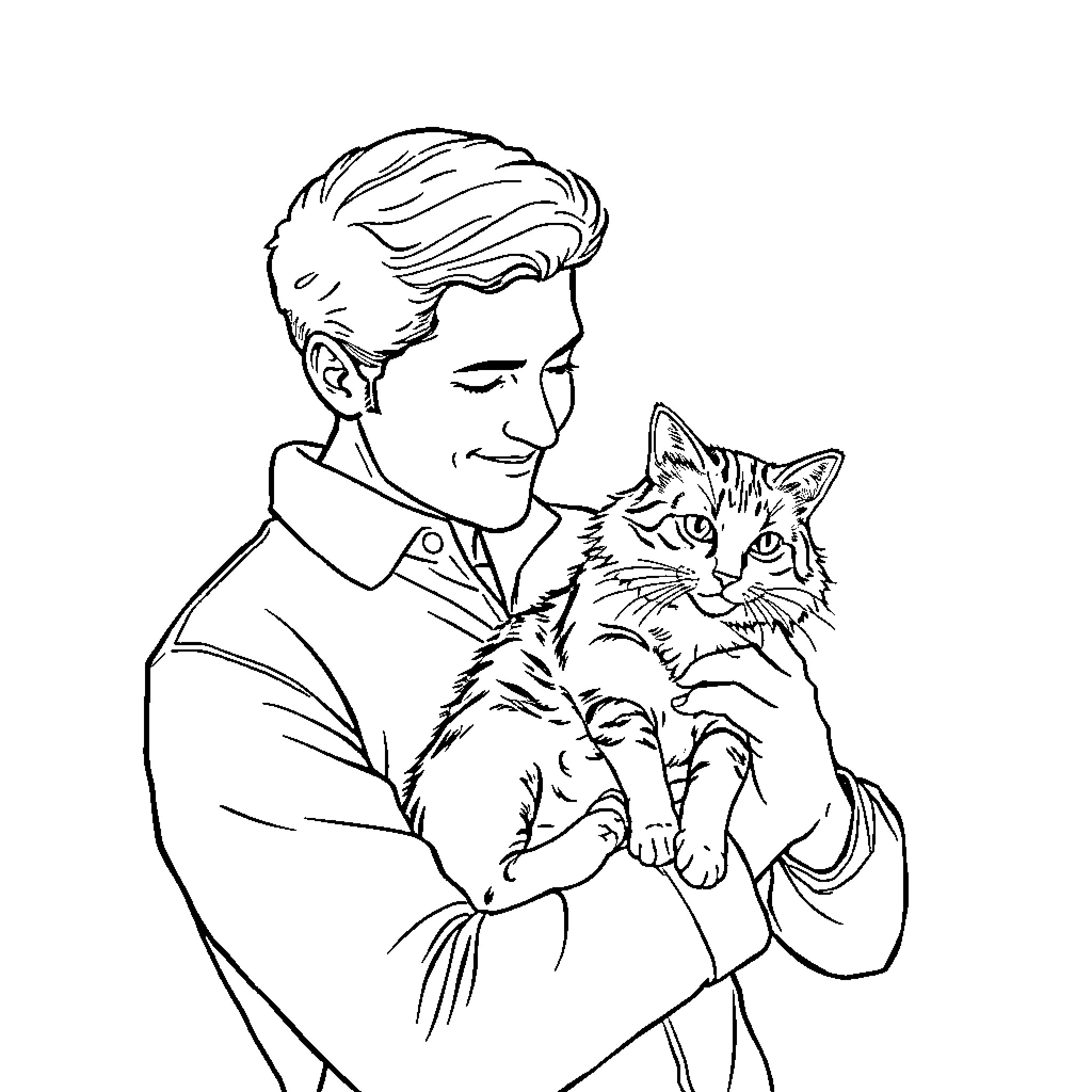 Man holding a playful cat Coloring Page (free black-and-white line drawing printable PDF for all, from beginners to advanced learners, including children, teens, adults, and seniors)