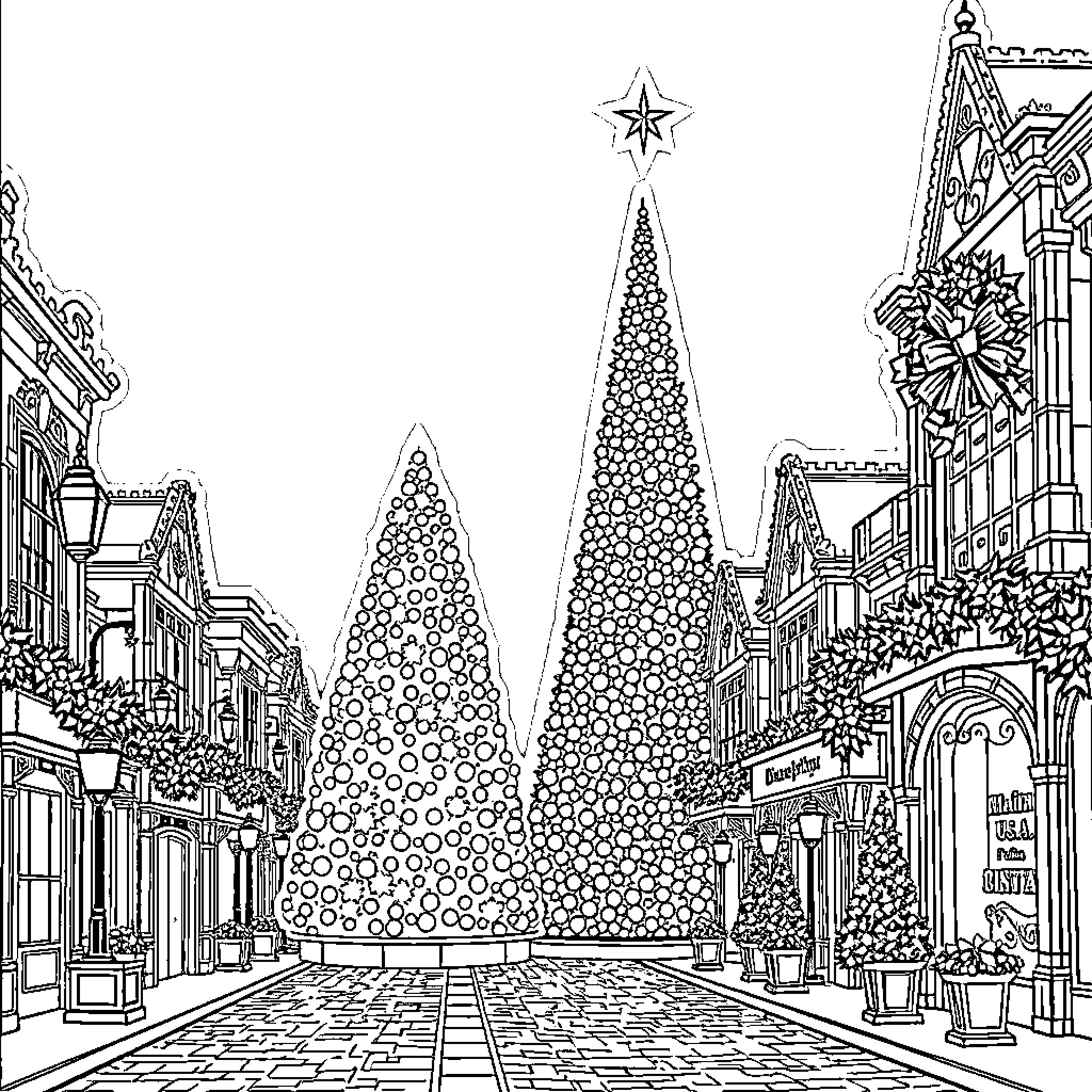 Main Street decorated for the holidays in a festive scene Coloring Page (free black-and-white line drawing printable PDF for all, from beginners to advanced learners, including children, teens, adults, and seniors)