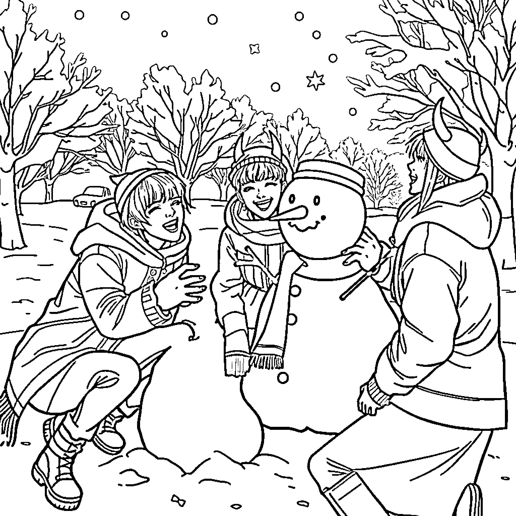 Demon Hunter Building a Snowy Companion Coloring Page (free black-and-white line drawing printable PDF for all, from beginners to advanced learners, including children, teens, adults, and seniors)