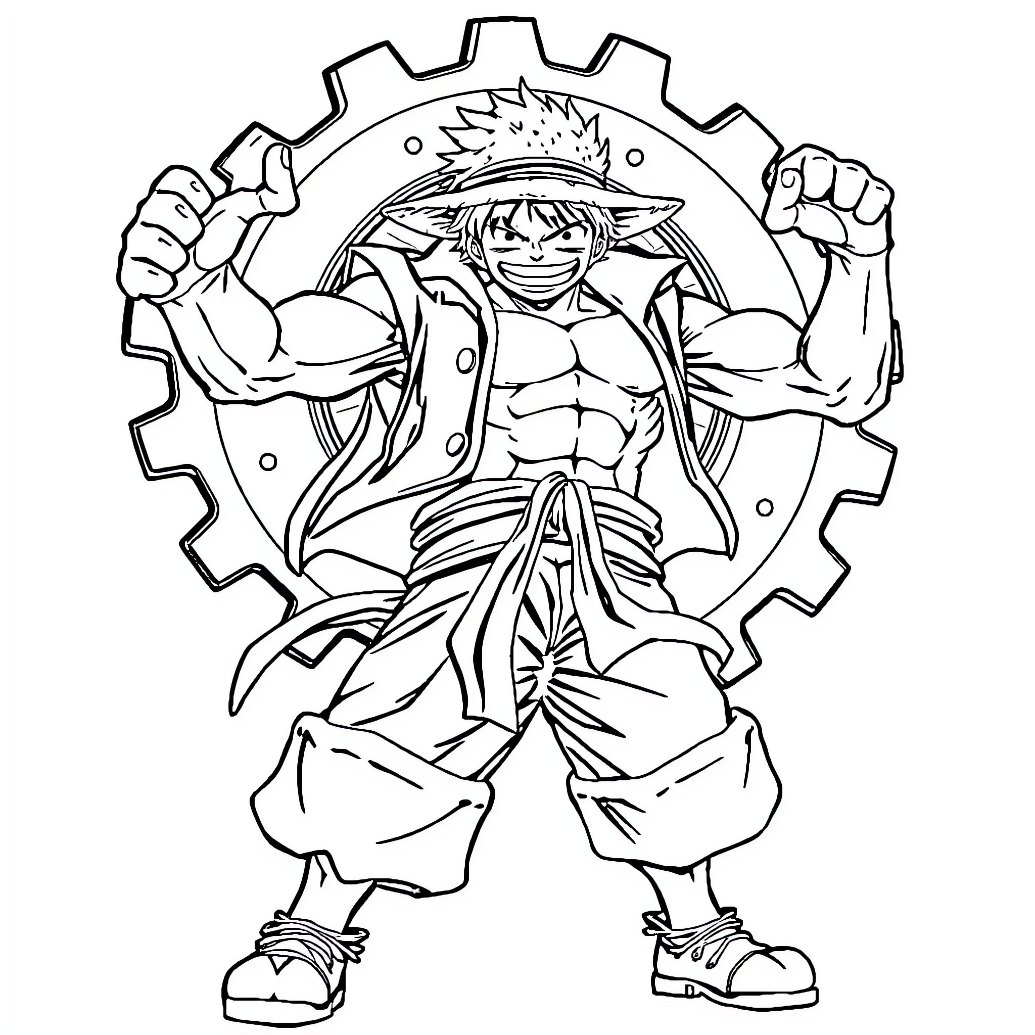 Luffy's Powerful Gear Shift Coloring Page (free black-and-white line drawing printable PDF for all, from beginners to advanced learners, including children, teens, adults, and seniors)