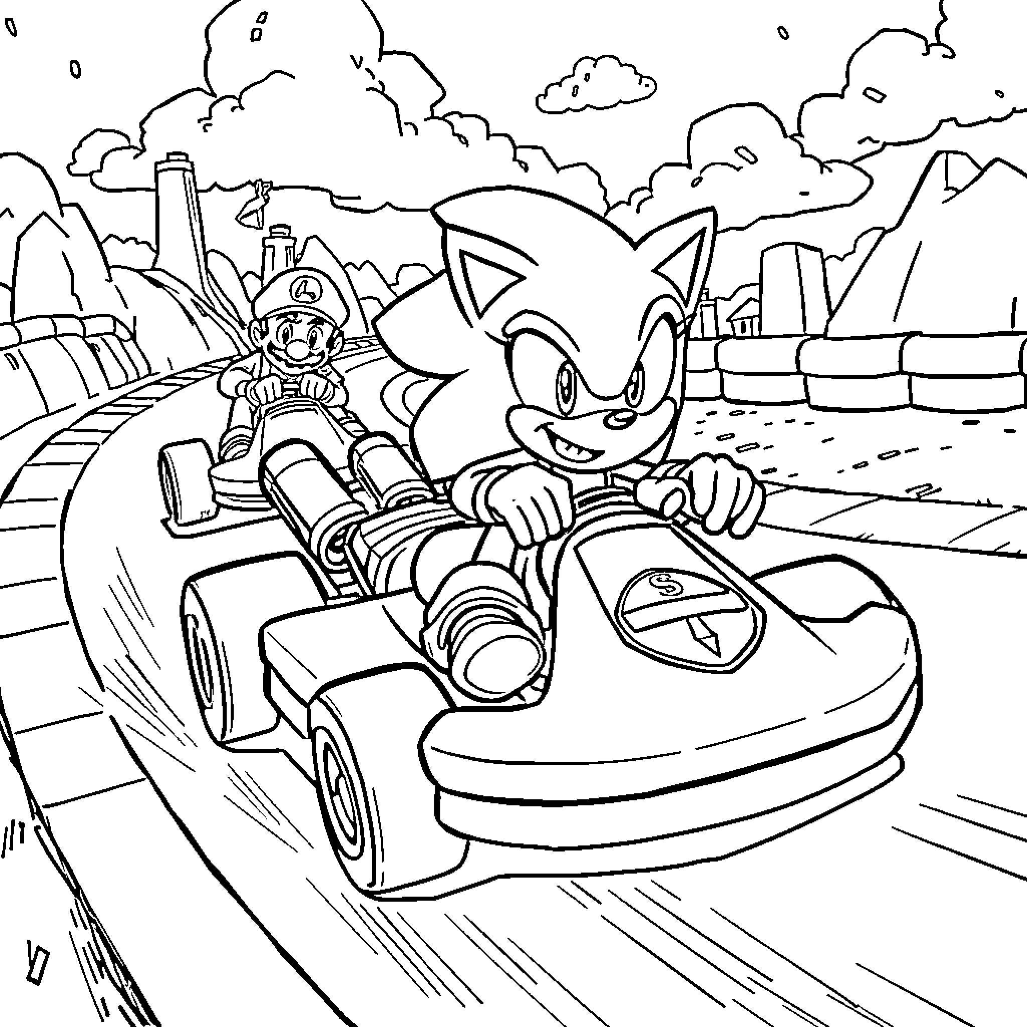 Sonic racing through the countryside in his speedy car Coloring Page (free black-and-white line drawing printable PDF for all, from beginners to advanced learners, including children, teens, adults, and seniors)
