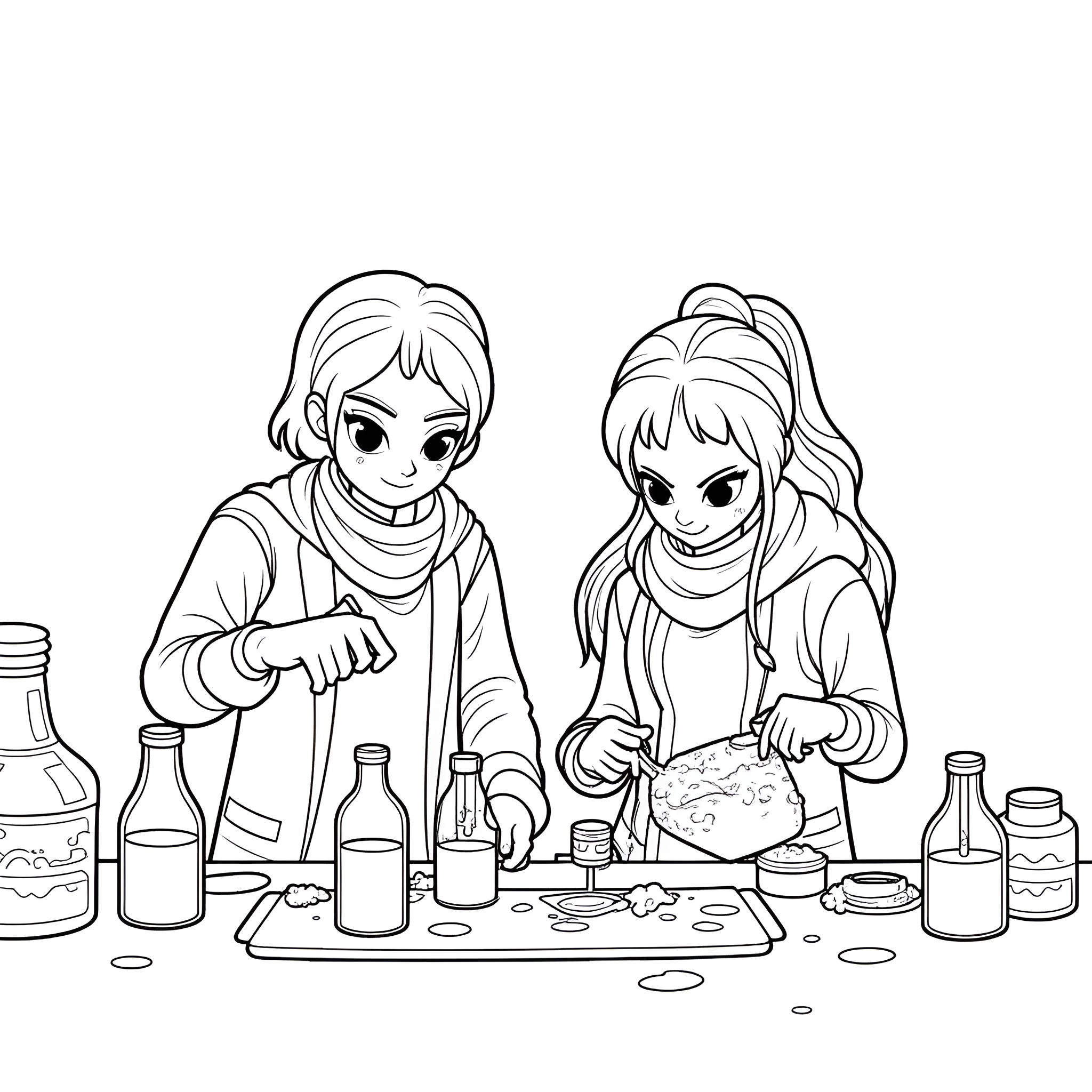 Fortnite Character Mixing Mysterious Potions Coloring Page (free black-and-white line drawing printable PDF for all, from beginners to advanced learners, including children, teens, adults, and seniors)