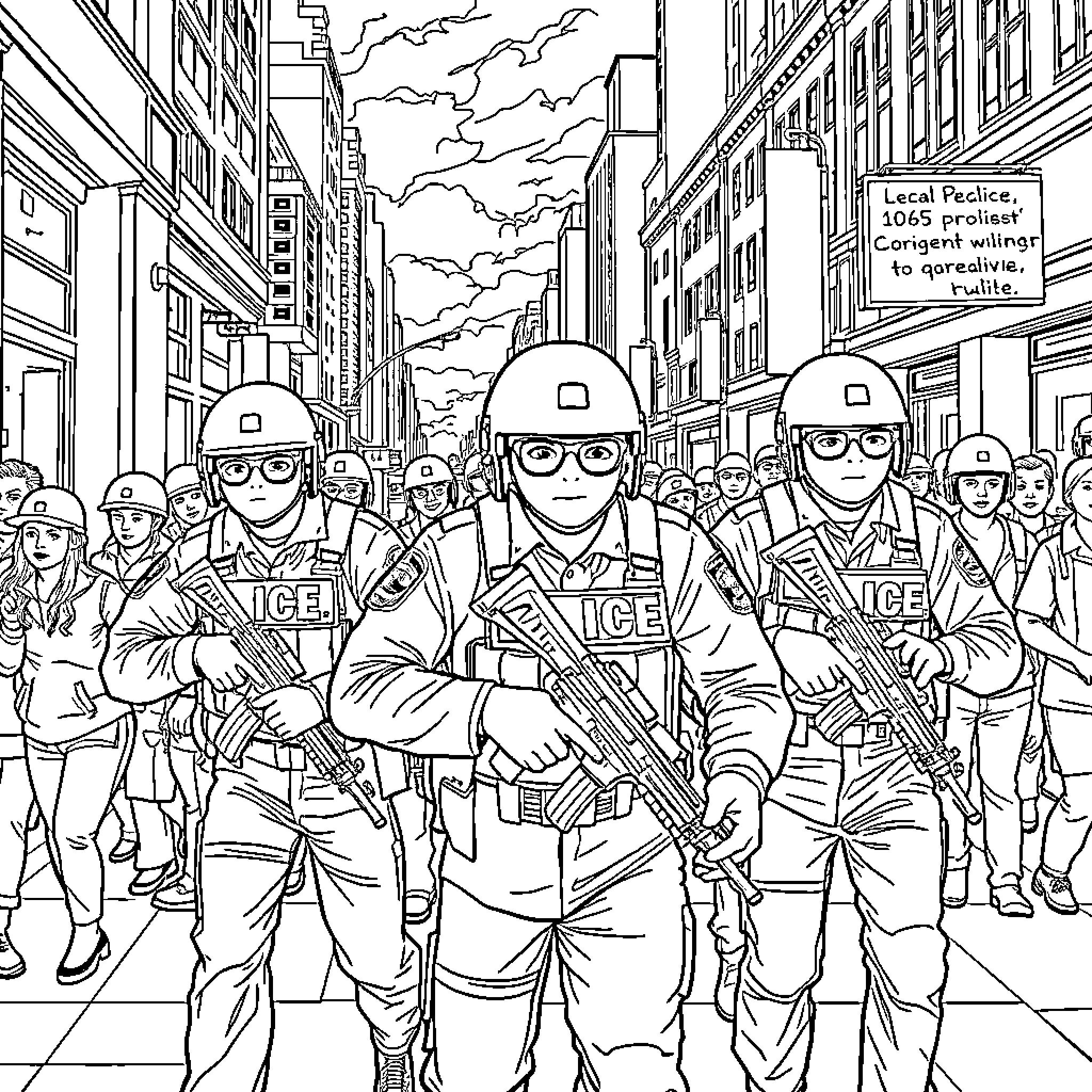 Ice Agent Deployment in Crowd Control Operation Coloring Page (free black-and-white line drawing printable PDF for all, from beginners to advanced learners, including children, teens, adults, and seniors)