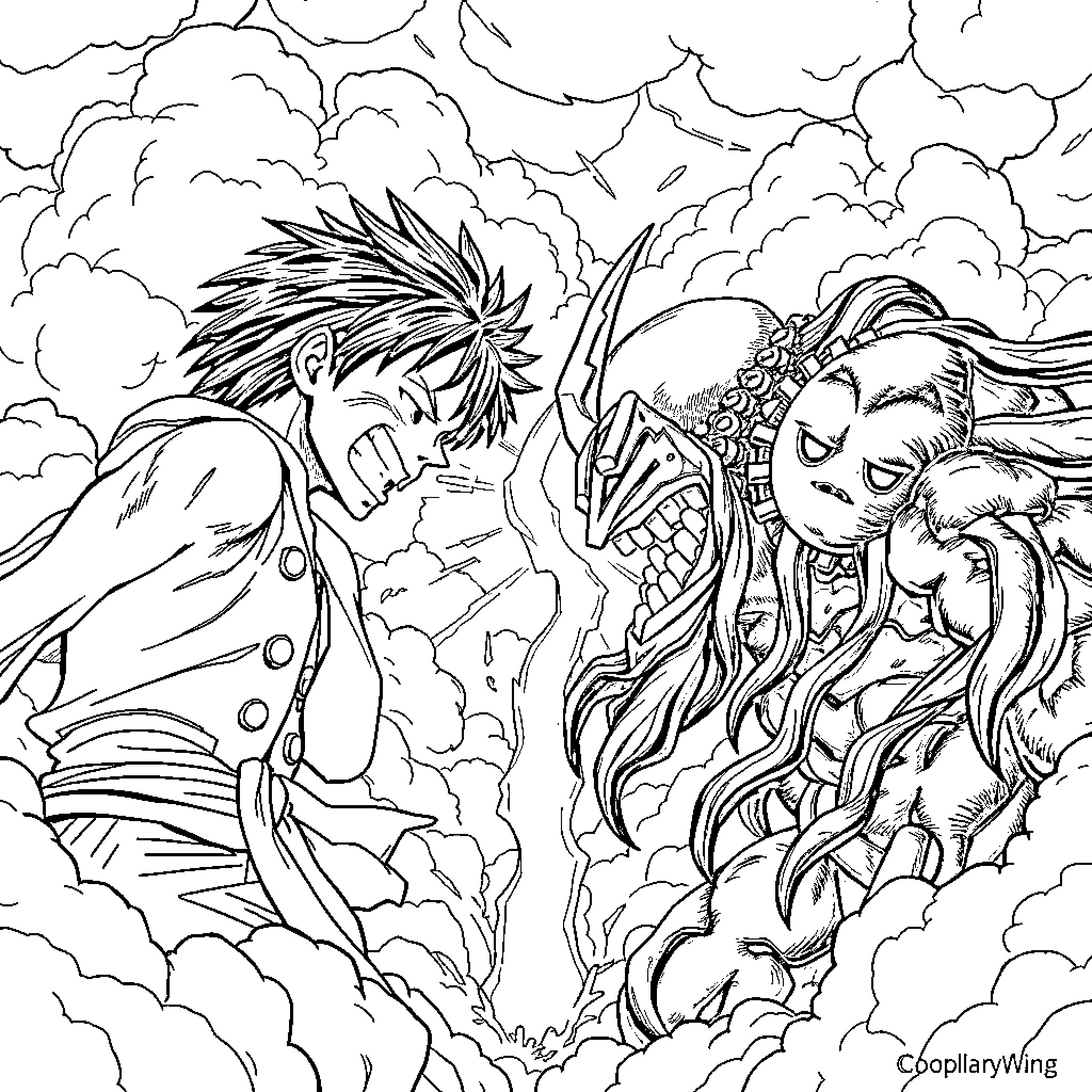 Luffy's Intense Showdown with a Fearsome Foe Coloring Page (free black-and-white line drawing printable PDF for all, from beginners to advanced learners, including children, teens, adults, and seniors)