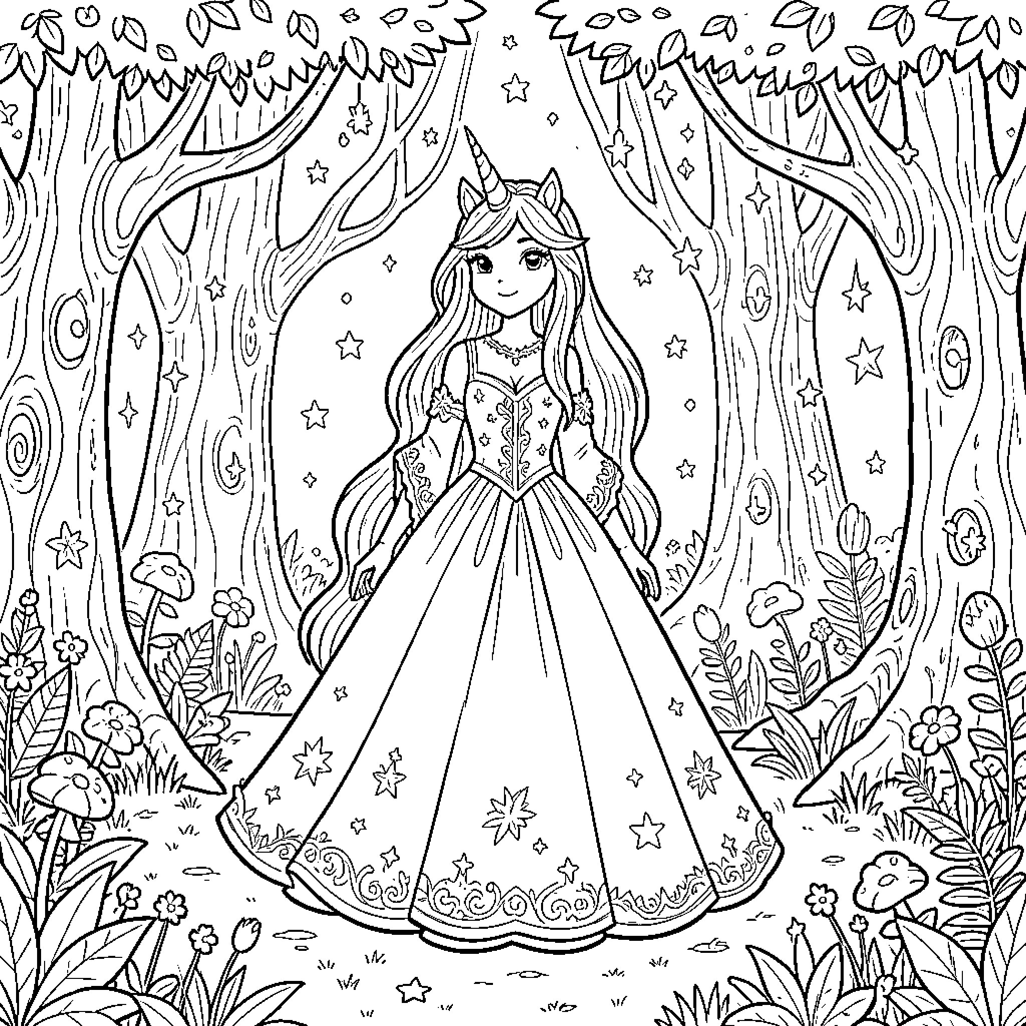 Unicorn girl in a gown standing in a forest Coloring Page (free black-and-white line drawing printable PDF for all, from beginners to advanced learners, including children, teens, adults, and seniors)